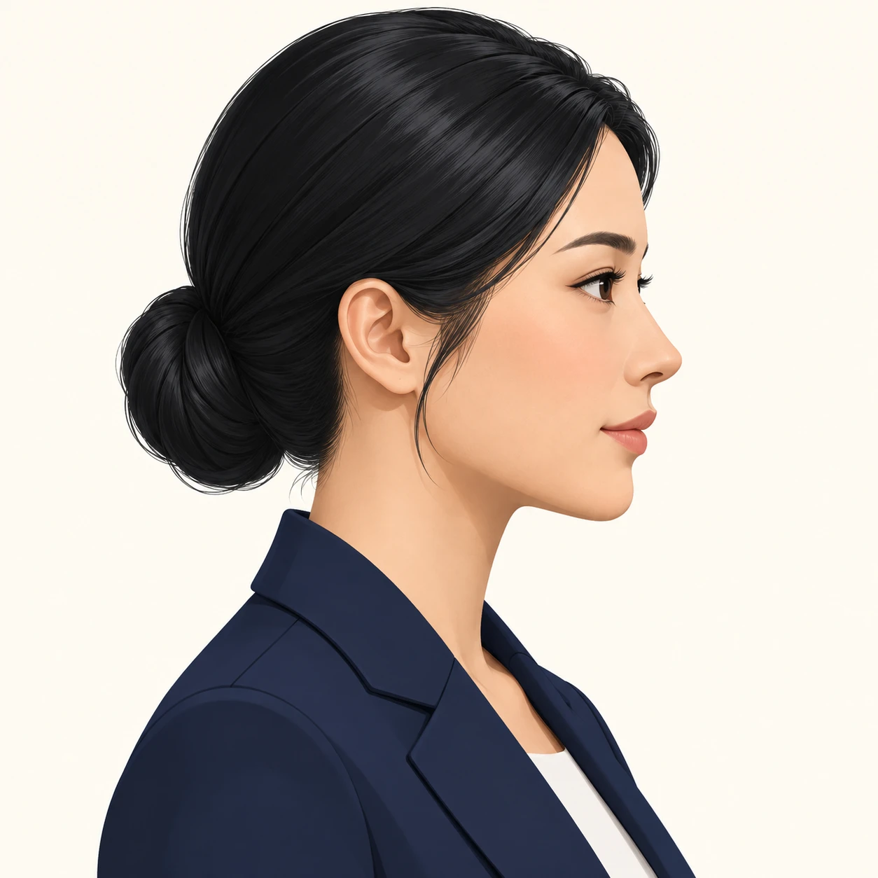 無地を背にした横向きの紺のブレザーの女性のイラスト（アイソメトリック）