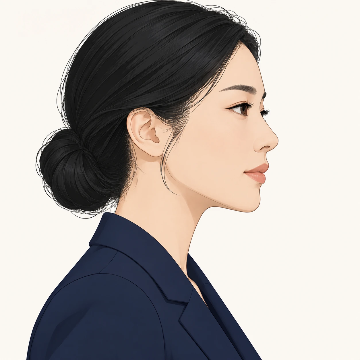 Illustration of one woman in a navy blazer with sleek black hair in a low bun, her head and shoulders seen in full profile from the side with her gaze level ahead and a calm closed-mouth expression, closely cropped so the head and shoulders fill most of the picture, hands not visible, a plain pale background behind her, the lower edge left as empty background with nothing written on it (simple line art)