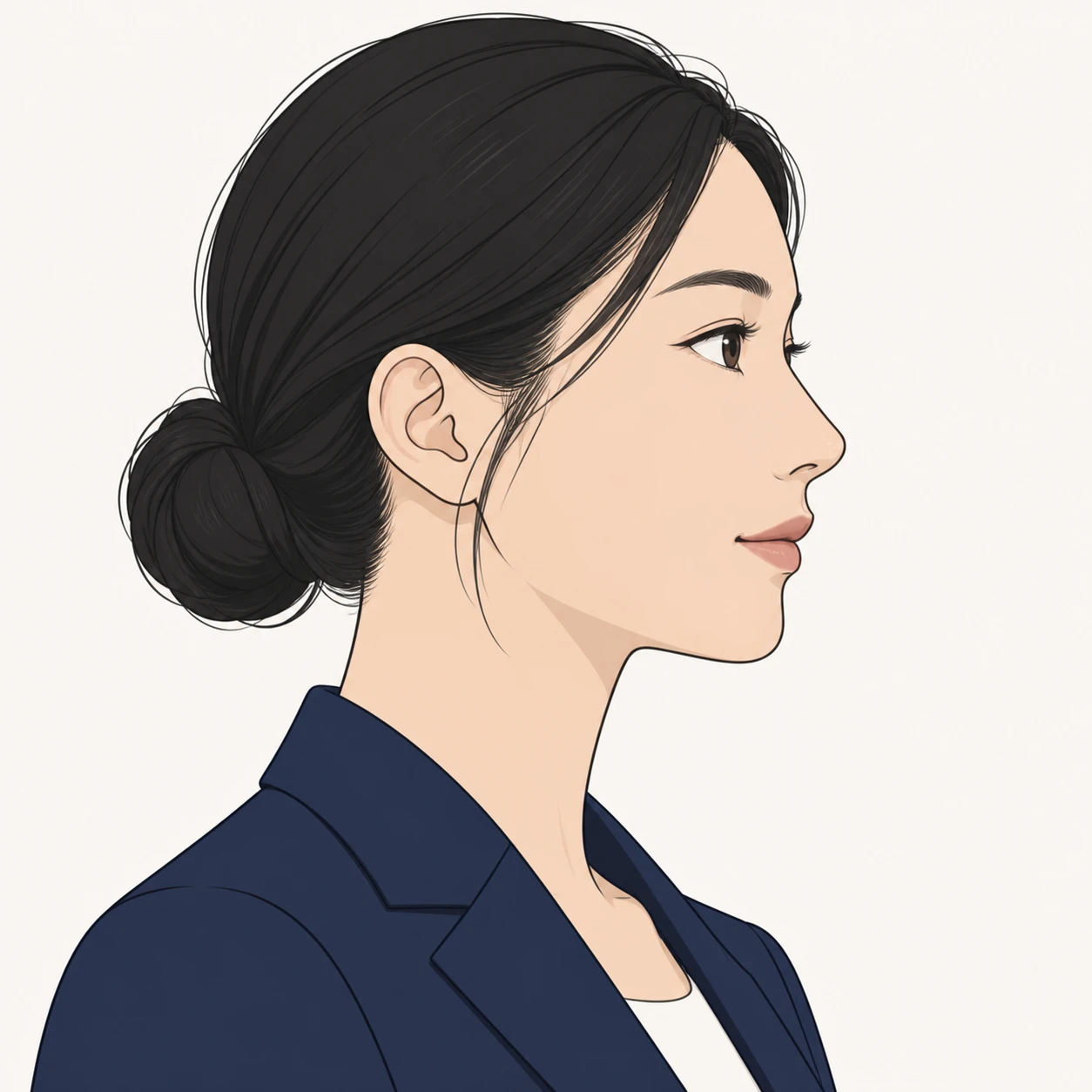 Illustration of one woman in a navy blazer with sleek black hair in a low bun, her head and shoulders seen in full profile from the side with her gaze level ahead and a calm closed-mouth expression, closely cropped so the head and shoulders fill most of the picture, hands not visible, a plain pale background behind her, the lower edge left as empty background with nothing written on it (simple line art)