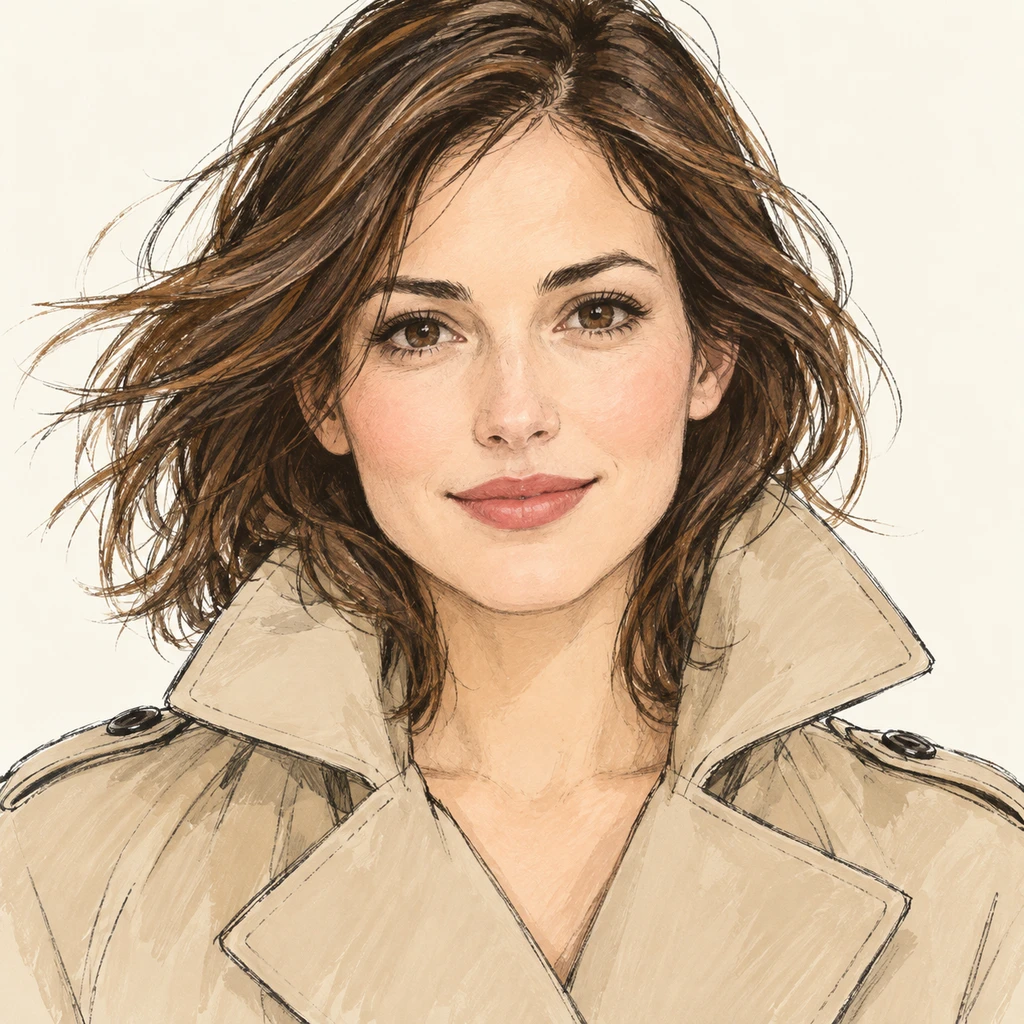 Illustration of one woman in a beige trench coat with the collar turned up and slightly windswept shoulder length hair, her head and shoulders seen straight from the front with both eyes looking at the viewer and a calm closed-mouth smile, closely cropped so the head and shoulders fill most of the picture, hands not visible, a plain pale background behind her, the lower edge left as empty background with nothing written on it (hand-drawn)