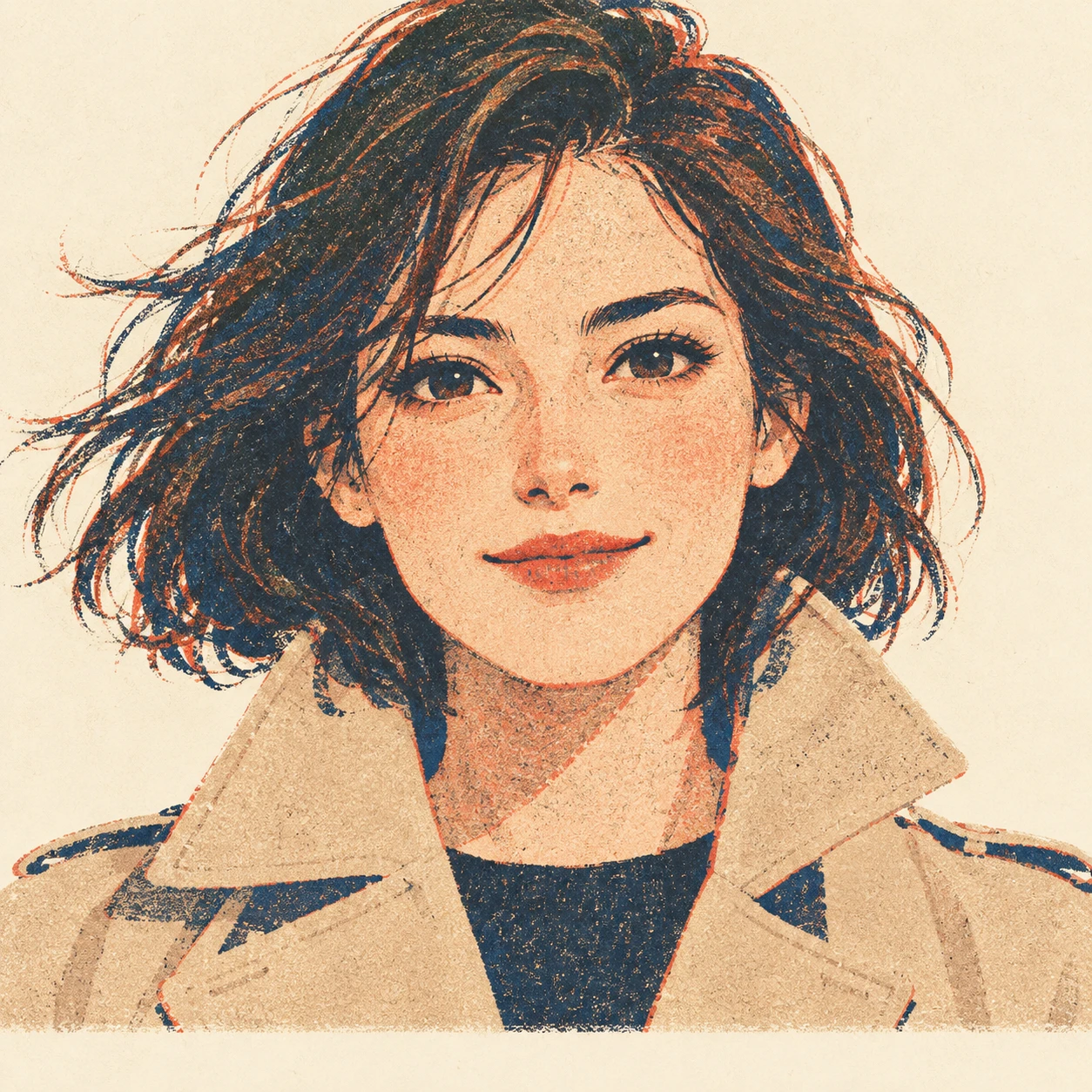 Illustration of one woman in a beige trench coat with the collar turned up and slightly windswept shoulder length hair, her head and shoulders seen straight from the front with both eyes looking at the viewer and a calm closed-mouth smile, closely cropped so the head and shoulders fill most of the picture, hands not visible, a plain pale background behind her, the lower edge left as empty background with nothing written on it (retro print)