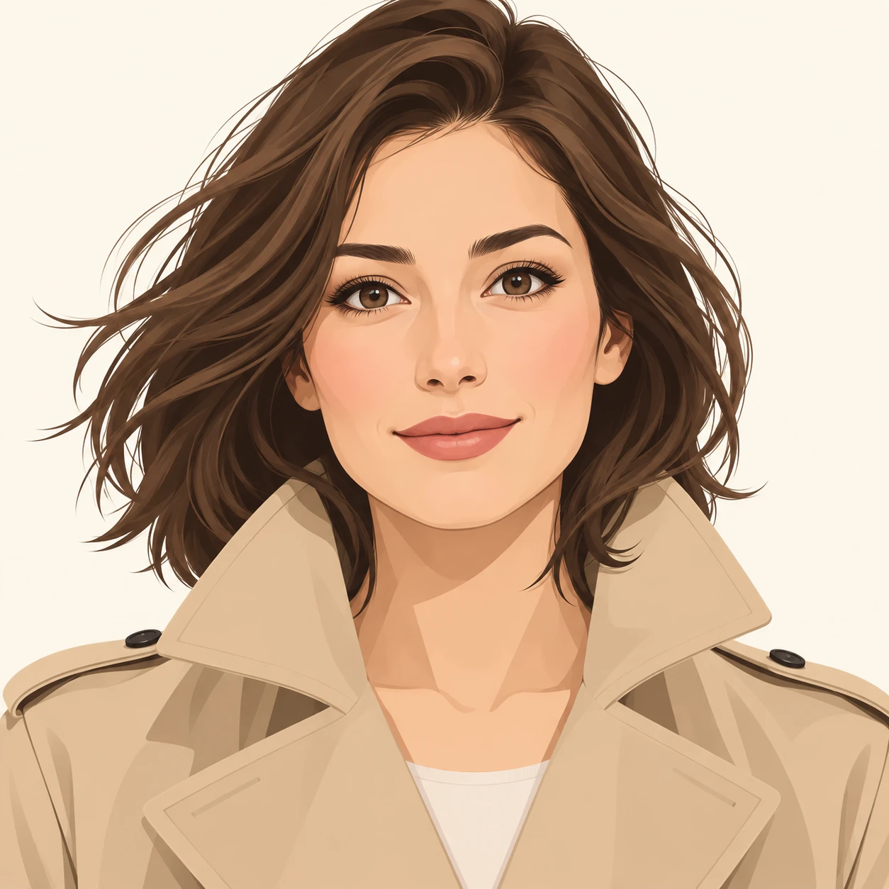 Illustration of one woman in a beige trench coat with the collar turned up and slightly windswept shoulder length hair, her head and shoulders seen straight from the front with both eyes looking at the viewer and a calm closed-mouth smile, closely cropped so the head and shoulders fill most of the picture, hands not visible, a plain pale background behind her, the lower edge left as empty background with nothing written on it (flat illustration)