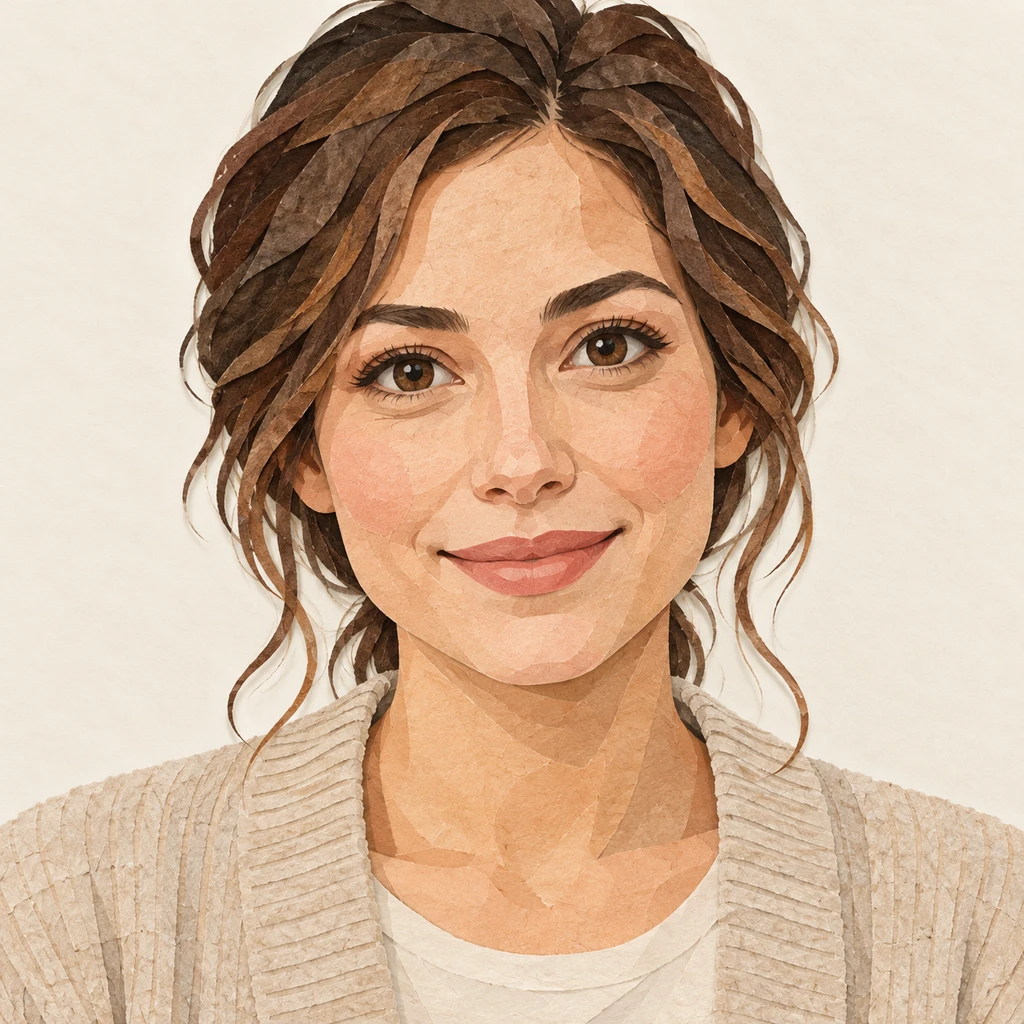 Illustration of one woman in a soft oatmeal cardigan over a home tee with loosely tied back hair, her head and shoulders seen straight from the front with both eyes looking at the viewer and a calm closed-mouth smile, closely cropped so the head and shoulders fill most of the picture, hands not visible, a plain pale background behind her, the lower edge left as empty background with nothing written on it (paper cut-out)