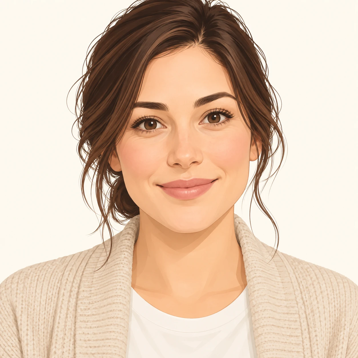 Illustration of one woman in a soft oatmeal cardigan over a home tee with loosely tied back hair, her head and shoulders seen straight from the front with both eyes looking at the viewer and a calm closed-mouth smile, closely cropped so the head and shoulders fill most of the picture, hands not visible, a plain pale background behind her, the lower edge left as empty background with nothing written on it (flat illustration)