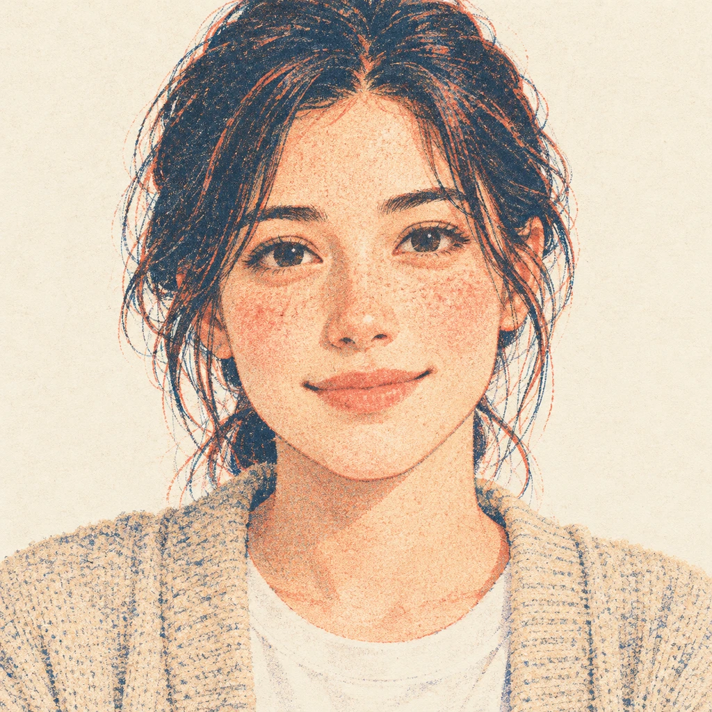 部屋着のカーディガンを着た女性のプロフィール用画像（レトロ印刷）