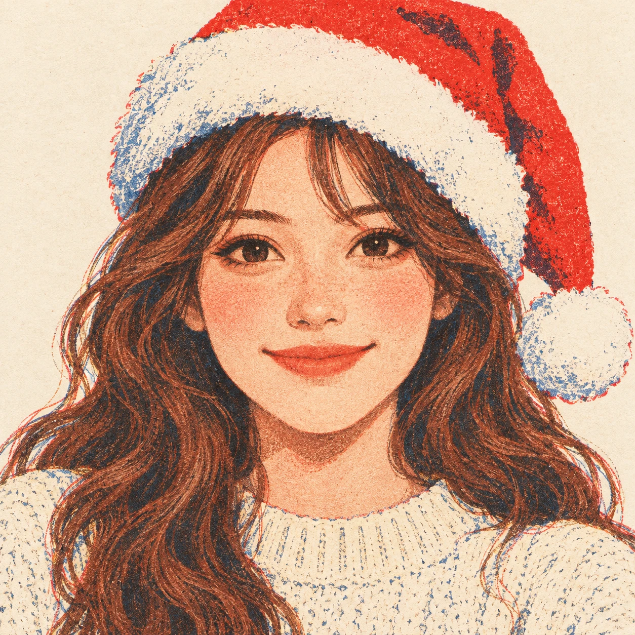 Illustration of one woman wearing a red Santa hat with a white fur trim over long wavy chestnut hair and a cream knit sweater, her head and shoulders seen straight from the front with both eyes looking at the viewer and a calm closed-mouth smile, closely cropped so the head and shoulders fill most of the picture, hands not visible, a plain pale background behind her, the lower edge left as empty background with nothing written on it (retro print)