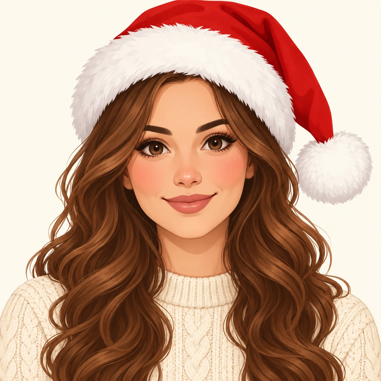 Illustration of one woman wearing a red Santa hat with a white fur trim over long wavy chestnut hair and a cream knit sweater, her head and shoulders seen straight from the front with both eyes looking at the viewer and a calm closed-mouth smile, closely cropped so the head and shoulders fill most of the picture, hands not visible, a plain pale background behind her, the lower edge left as empty background with nothing written on it (flat illustration)