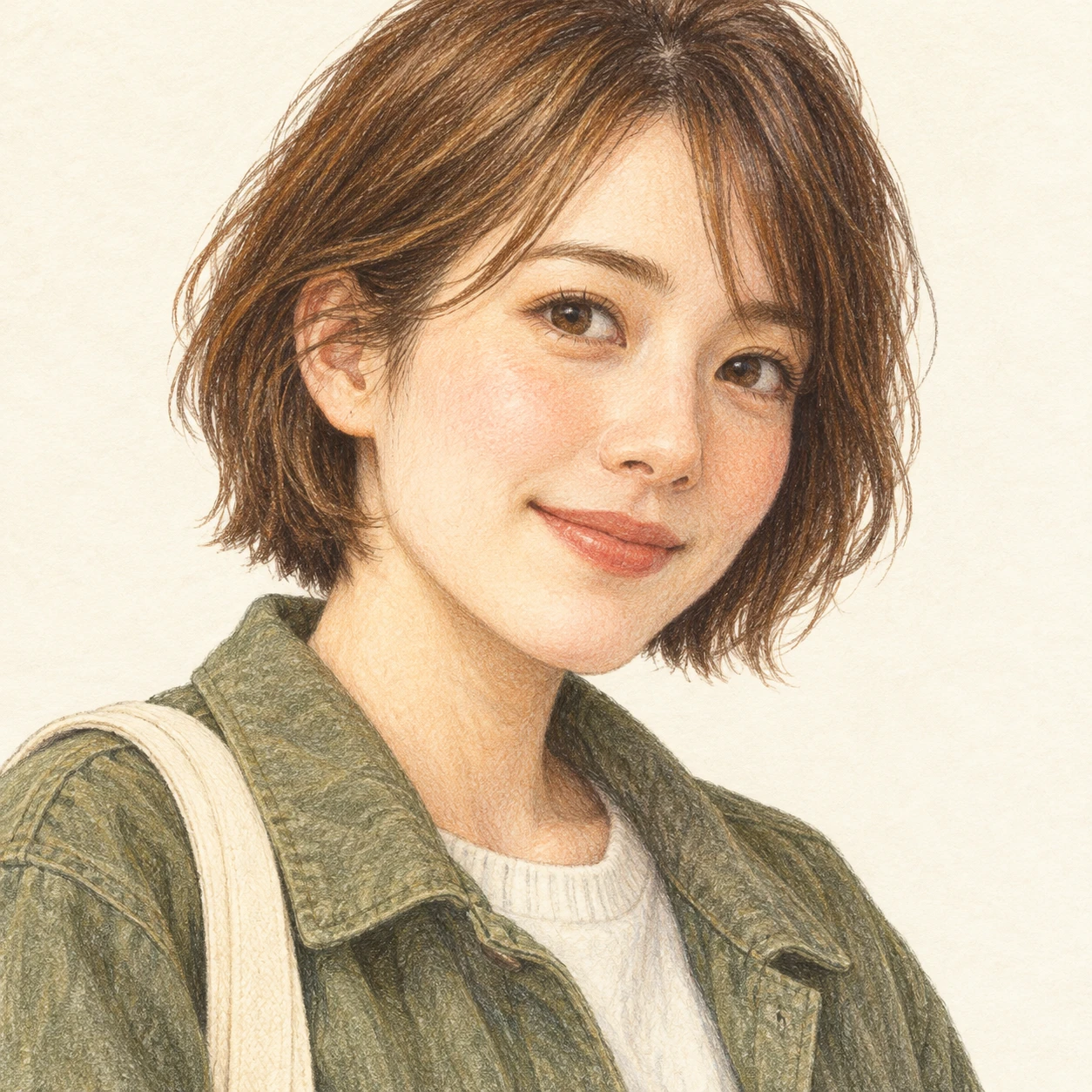 Illustration of one woman in a casual jacket with a cotton tote strap over one shoulder and short brown hair, her head and shoulders seen at a three-quarter angle with her face turned slightly to one side, both eyes visible and looking at the viewer with a calm closed-mouth smile, closely cropped so the head and shoulders fill most of the picture, hands not visible, a plain pale background behind her, the lower edge left as empty background with nothing written on it (colored pencil)