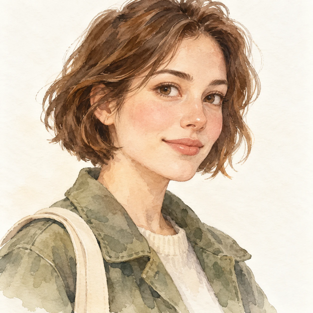 Illustration of one woman in a casual jacket with a cotton tote strap over one shoulder and short brown hair, her head and shoulders seen at a three-quarter angle with her face turned slightly to one side, both eyes visible and looking at the viewer with a calm closed-mouth smile, closely cropped so the head and shoulders fill most of the picture, hands not visible, a plain pale background behind her, the lower edge left as empty background with nothing written on it (watercolor)