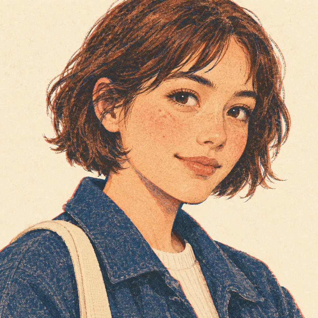 Illustration of one woman in a casual jacket with a cotton tote strap over one shoulder and short brown hair, her head and shoulders seen at a three-quarter angle with her face turned slightly to one side, both eyes visible and looking at the viewer with a calm closed-mouth smile, closely cropped so the head and shoulders fill most of the picture, hands not visible, a plain pale background behind her, the lower edge left as empty background with nothing written on it (retro print)