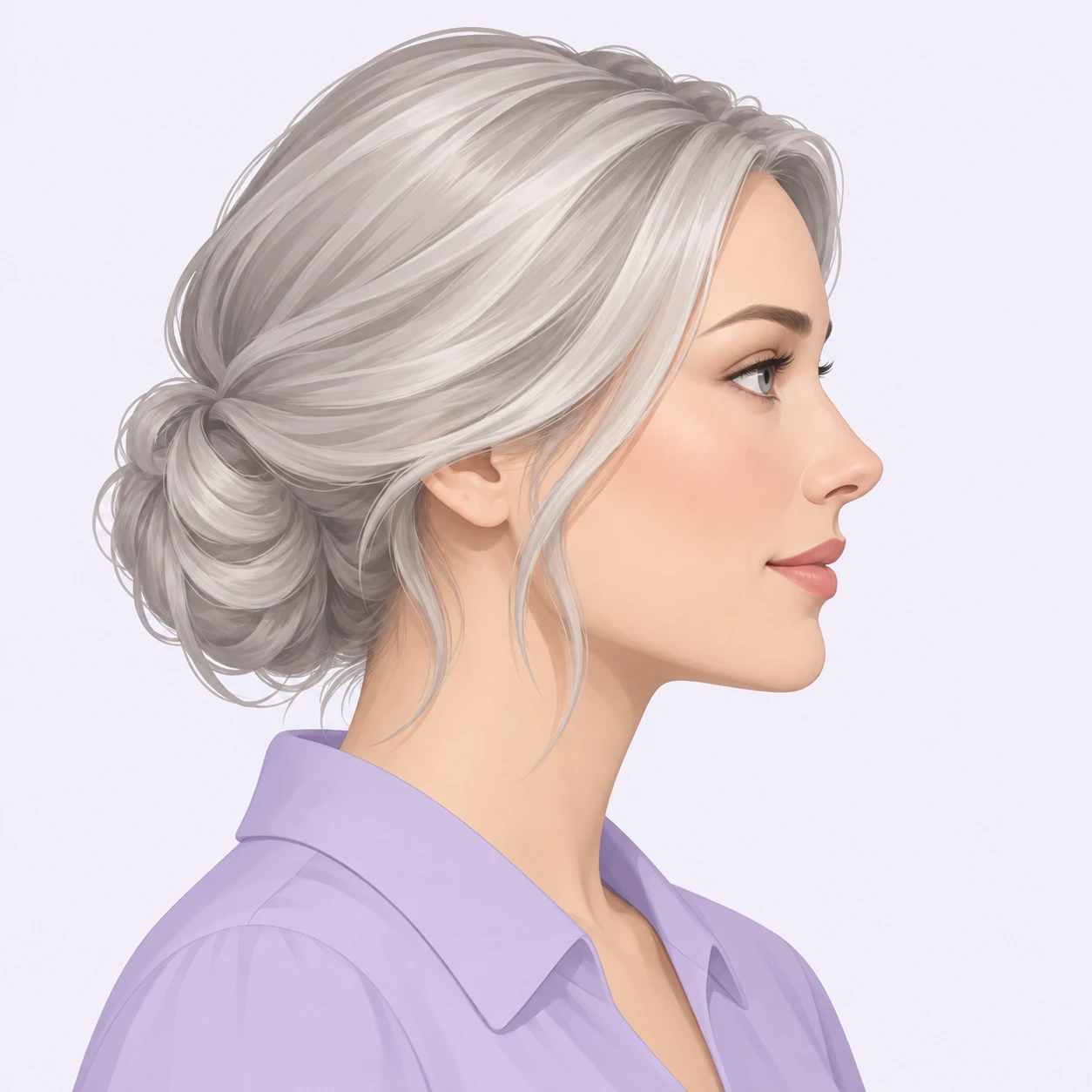 Illustration of one woman with silver hair and a soft lilac blouse, her head and shoulders seen in full profile from the side with her gaze level ahead and a calm closed-mouth expression, closely cropped so the head and shoulders fill most of the picture, hands not visible, a plain pale background behind her, the lower edge left as empty background with nothing written on it (isometric)