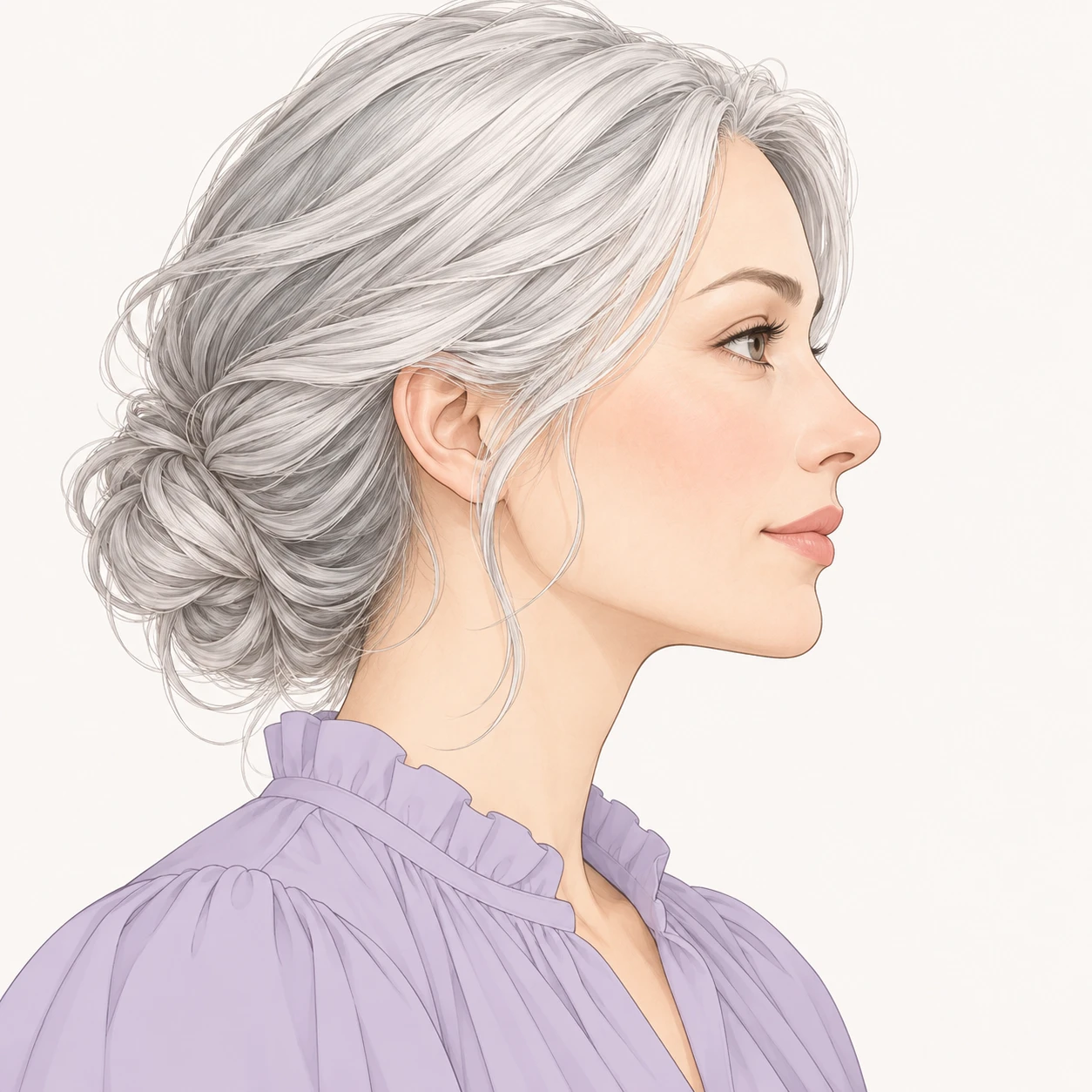 Illustration of one woman with silver hair and a soft lilac blouse, her head and shoulders seen in full profile from the side with her gaze level ahead and a calm closed-mouth expression, closely cropped so the head and shoulders fill most of the picture, hands not visible, a plain pale background behind her, the lower edge left as empty background with nothing written on it (simple line art)
