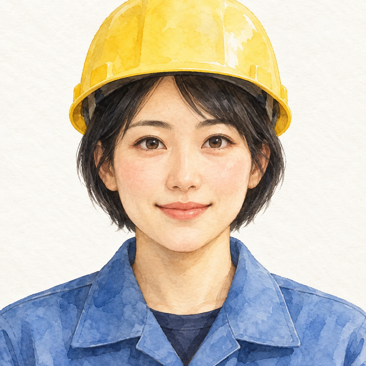 Illustration of one woman in a work jacket and a yellow safety helmet over short black hair, her head and shoulders seen straight from the front with both eyes looking at the viewer and a calm closed-mouth smile, closely cropped so the head and shoulders fill most of the picture, hands not visible, a plain pale background behind her, the lower edge left as empty background with nothing written on it (watercolor)