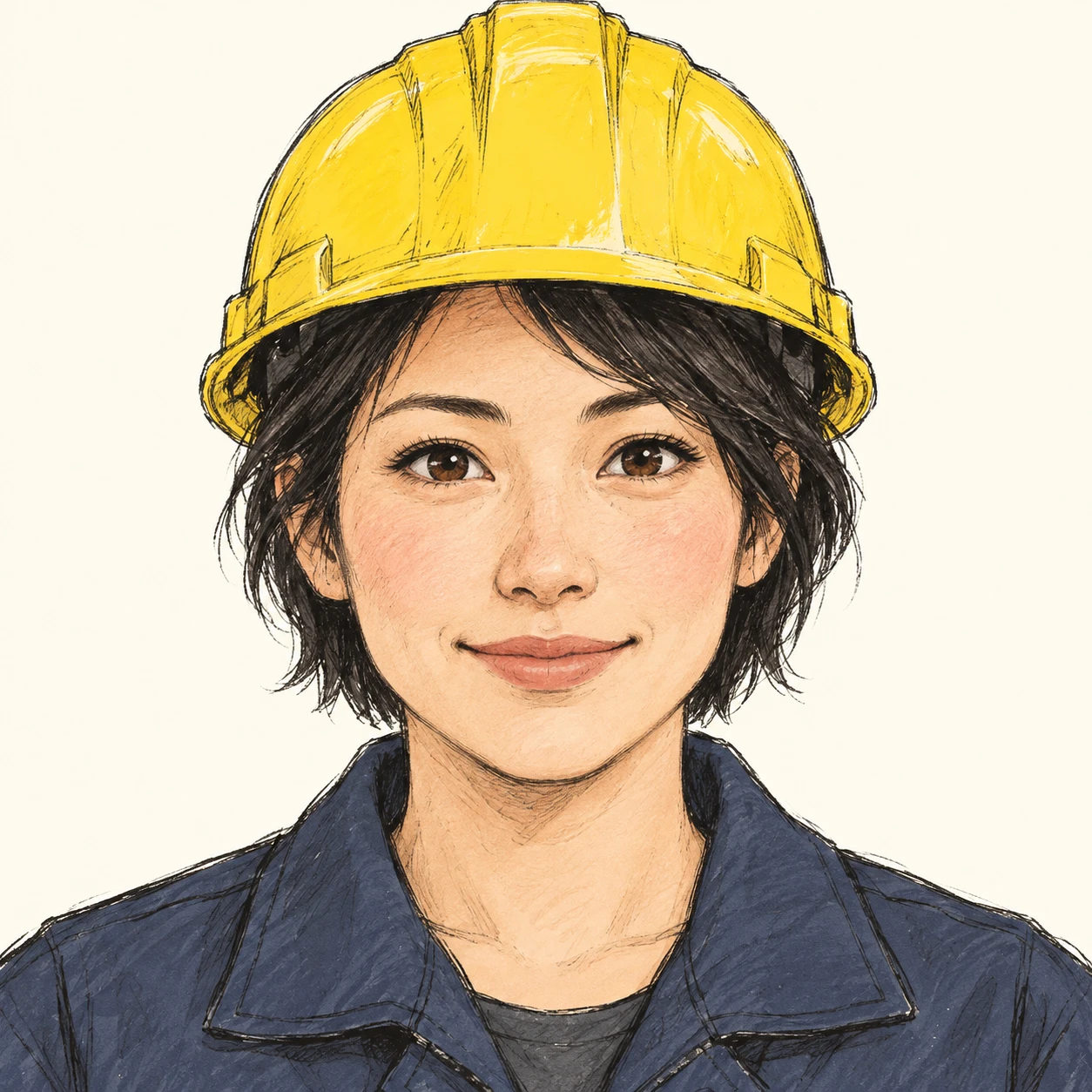 無地を背にした正面向きの作業着とヘルメットの女性のイラスト（手描き風）