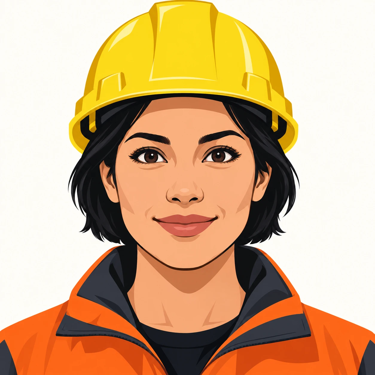 Illustration of one woman in a work jacket and a yellow safety helmet over short black hair, her head and shoulders seen straight from the front with both eyes looking at the viewer and a calm closed-mouth smile, closely cropped so the head and shoulders fill most of the picture, hands not visible, a plain pale background behind her, the lower edge left as empty background with nothing written on it (bold graphic)