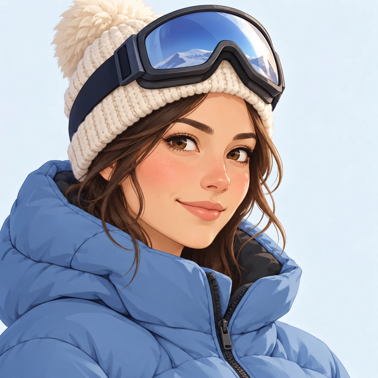 Illustration of one woman in a puffy ski jacket with ski goggles pushed up onto a knitted hat, her head and shoulders seen at a three-quarter angle with her face turned slightly to one side, both eyes visible and looking at the viewer with a calm closed-mouth smile, closely cropped so the head and shoulders fill most of the picture, hands not visible, a plain pale background behind her, the lower edge left as empty background with nothing written on it (isometric)