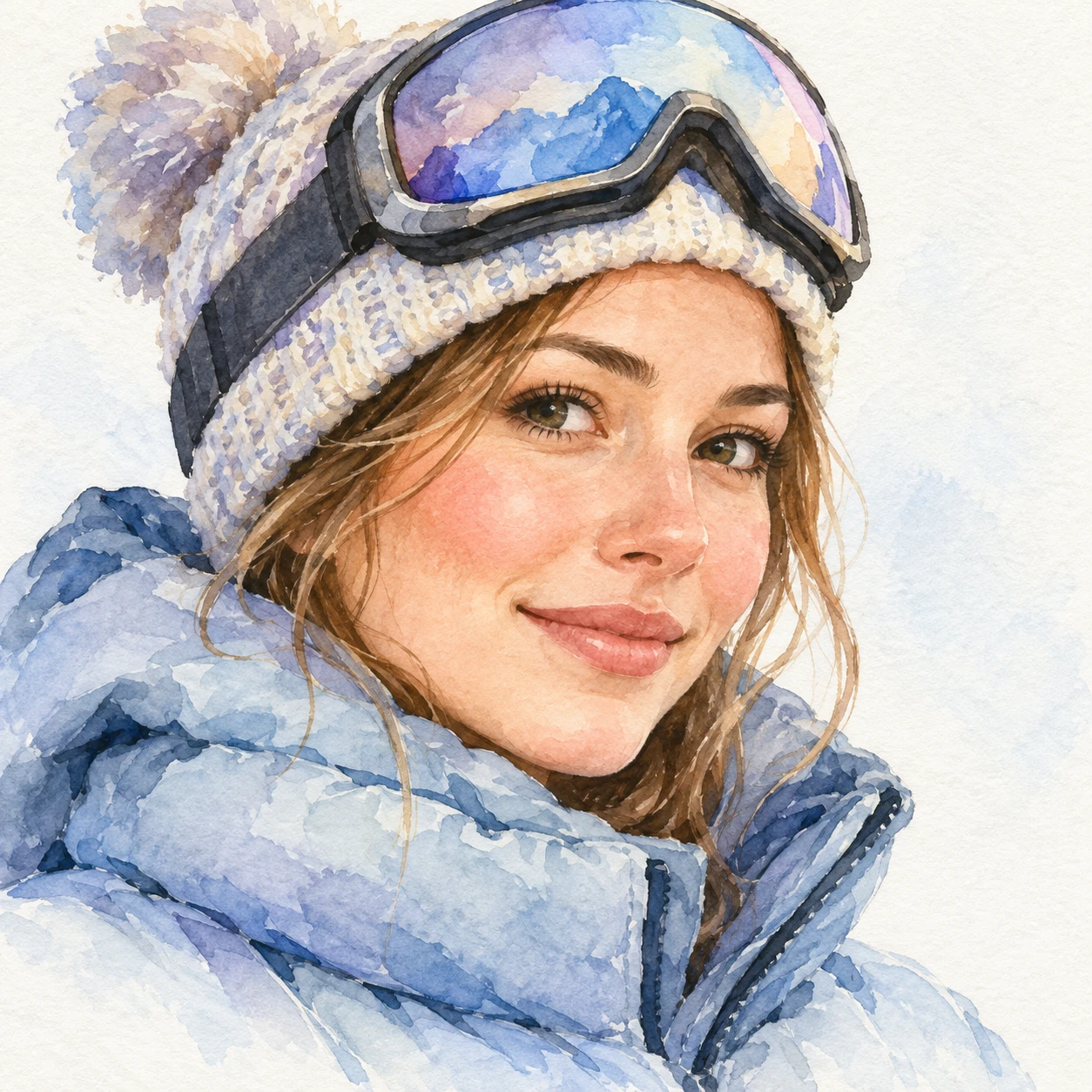 Illustration of one woman in a puffy ski jacket with ski goggles pushed up onto a knitted hat, her head and shoulders seen at a three-quarter angle with her face turned slightly to one side, both eyes visible and looking at the viewer with a calm closed-mouth smile, closely cropped so the head and shoulders fill most of the picture, hands not visible, a plain pale background behind her, the lower edge left as empty background with nothing written on it (watercolor)