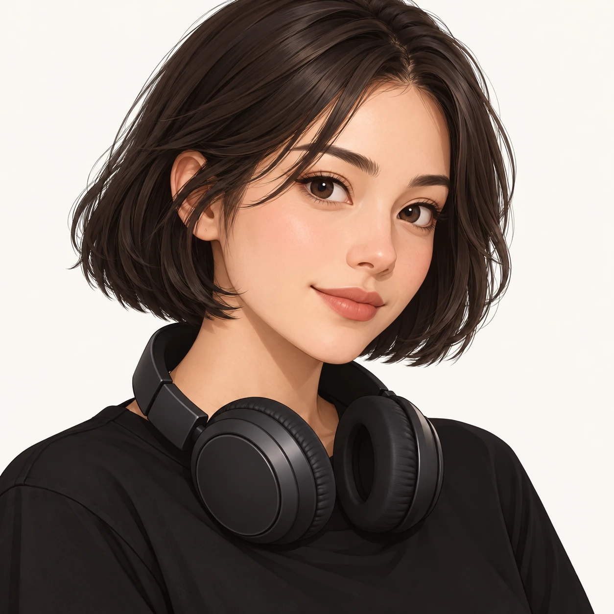 Illustration of one woman in a black crew shirt with large over-ear headphones resting around her neck and a short bob, her head and shoulders seen at a three-quarter angle with her face turned slightly to one side, both eyes visible and looking at the viewer with a calm closed-mouth smile, closely cropped so the head and shoulders fill most of the picture, hands not visible, a plain pale background behind her, the lower edge left as empty background with nothing written on it (isometric)