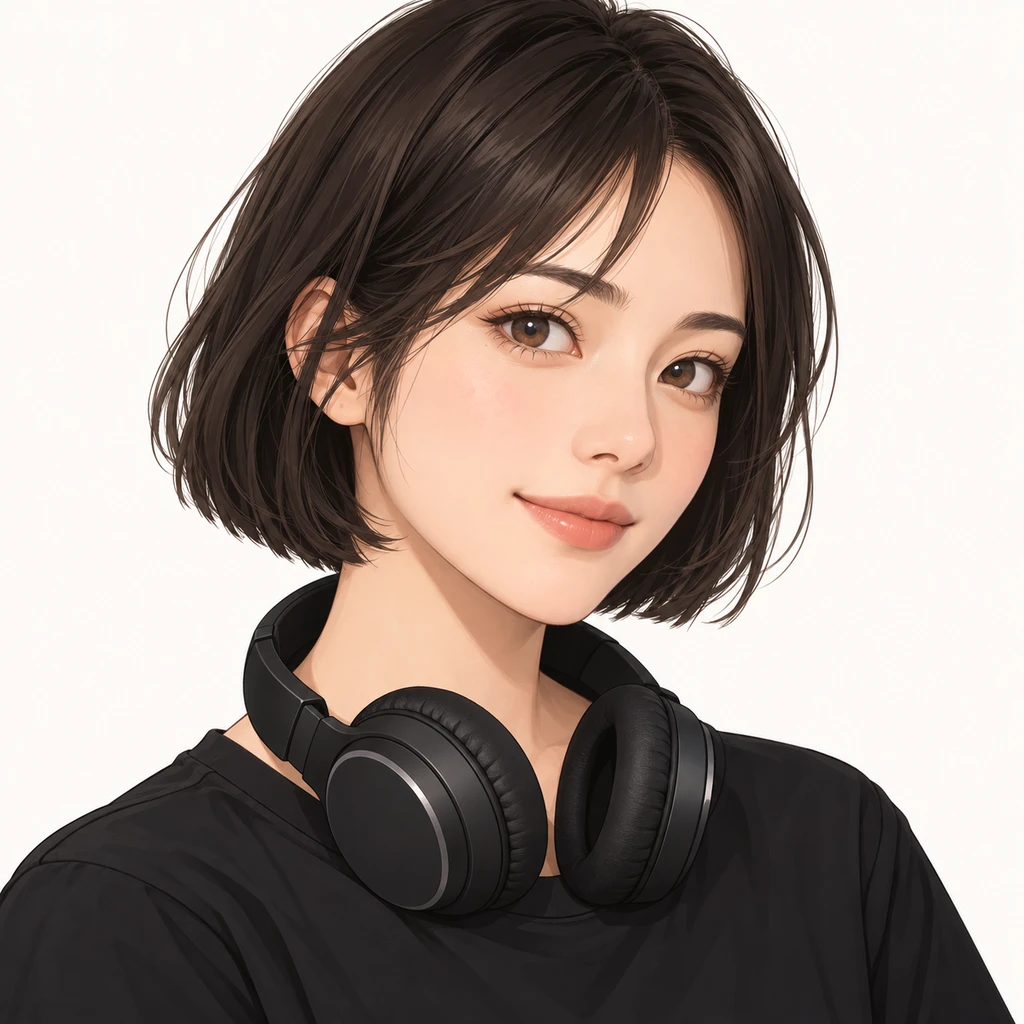 ヘッドホンを首にかけた音声スタッフ風の女性のプロフィール用画像（アイソメトリック）