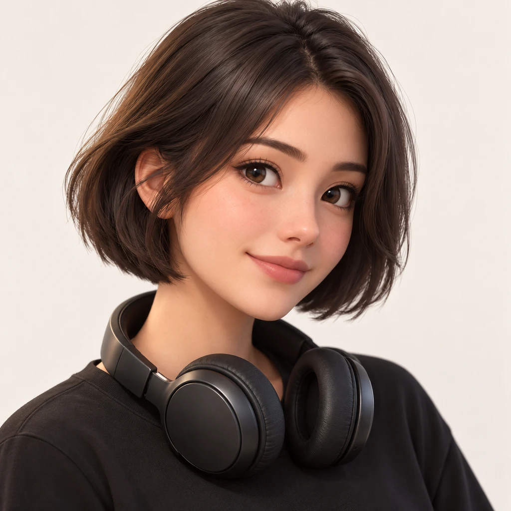 Illustration of one woman in a black crew shirt with large over-ear headphones resting around her neck and a short bob, her head and shoulders seen at a three-quarter angle with her face turned slightly to one side, both eyes visible and looking at the viewer with a calm closed-mouth smile, closely cropped so the head and shoulders fill most of the picture, hands not visible, a plain pale background behind her, the lower edge left as empty background with nothing written on it (soft 3D)
