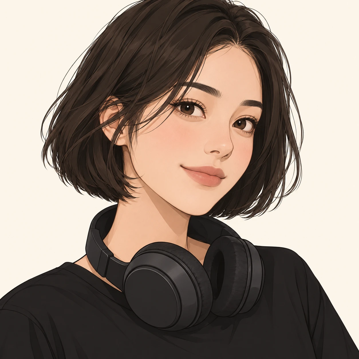 Illustration of one woman in a black crew shirt with large over-ear headphones resting around her neck and a short bob, her head and shoulders seen at a three-quarter angle with her face turned slightly to one side, both eyes visible and looking at the viewer with a calm closed-mouth smile, closely cropped so the head and shoulders fill most of the picture, hands not visible, a plain pale background behind her, the lower edge left as empty background with nothing written on it (simple line art)