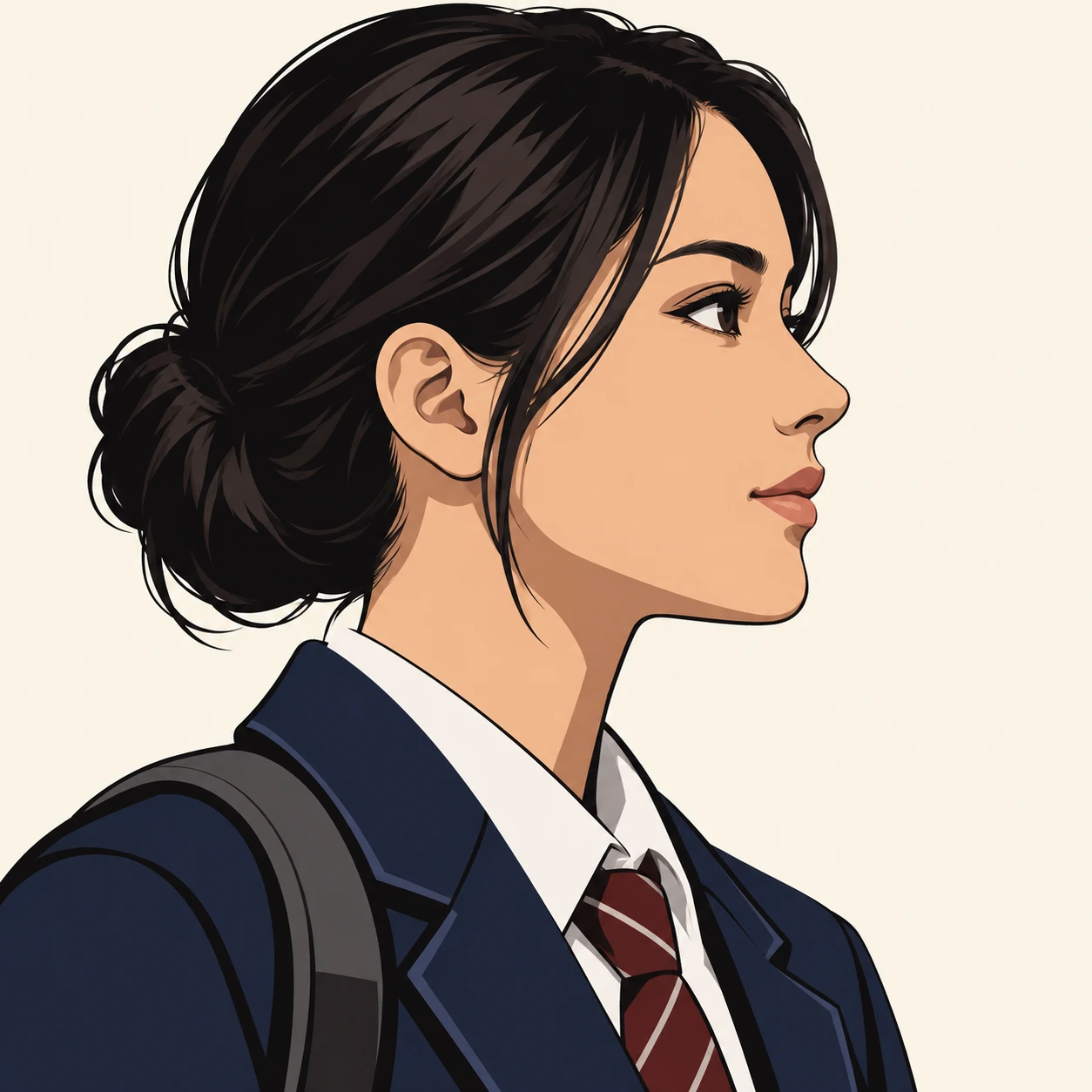 Illustration of one woman in a school blazer with a backpack strap over one shoulder and neat dark hair, her head and shoulders seen in full profile from the side with her gaze level ahead and a calm closed-mouth expression, closely cropped so the head and shoulders fill most of the picture, hands not visible, a plain pale background behind her, the lower edge left as empty background with nothing written on it (bold graphic)