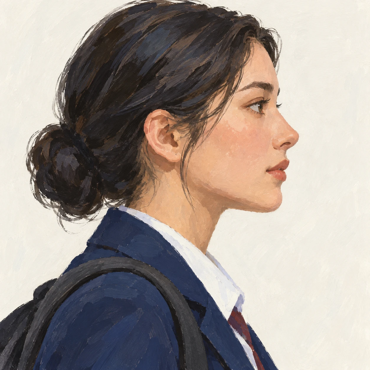 無地を背にした横向きの学生服とリュックの女性のイラスト（グアッシュ）