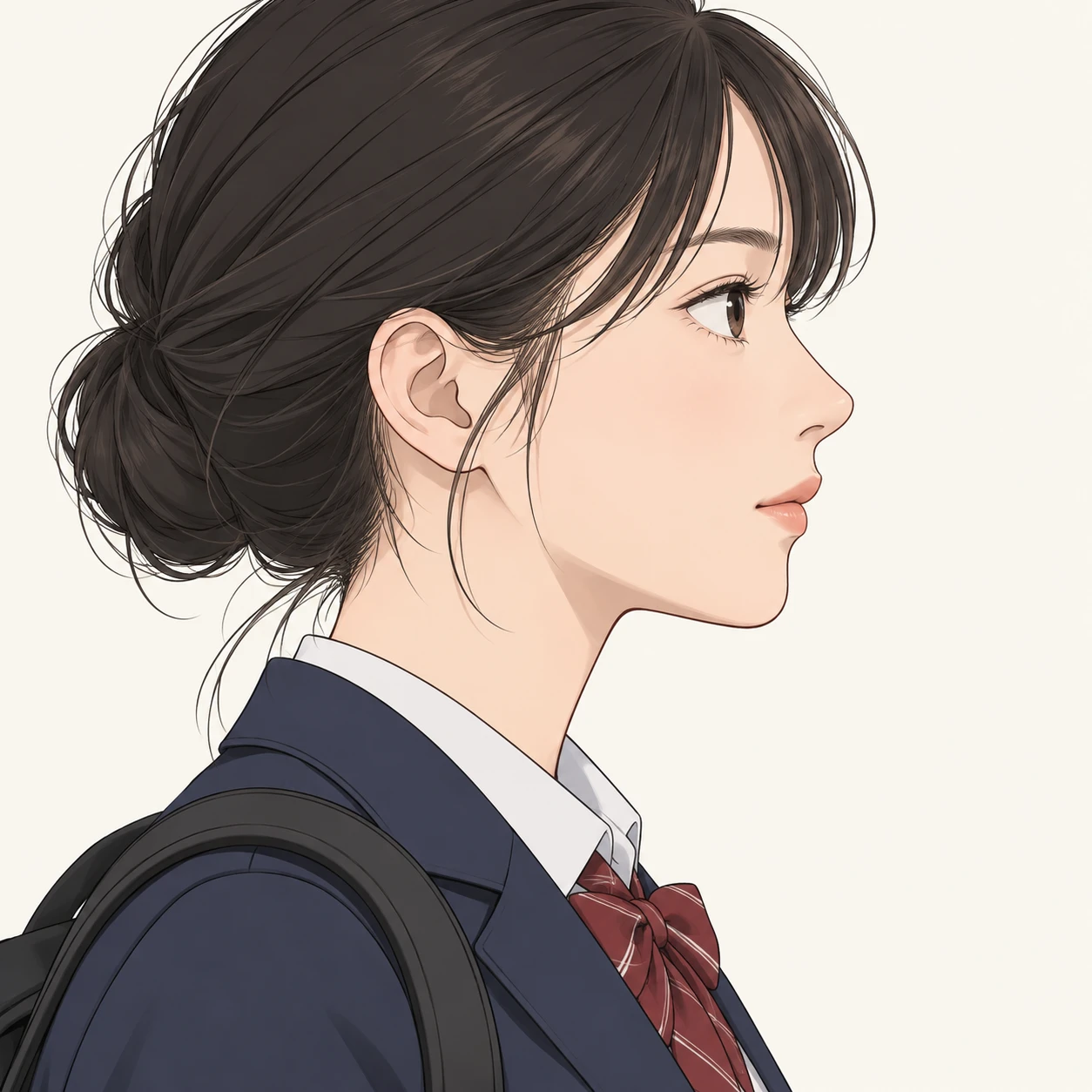 Illustration of one woman in a school blazer with a backpack strap over one shoulder and neat dark hair, her head and shoulders seen in full profile from the side with her gaze level ahead and a calm closed-mouth expression, closely cropped so the head and shoulders fill most of the picture, hands not visible, a plain pale background behind her, the lower edge left as empty background with nothing written on it (simple line art)