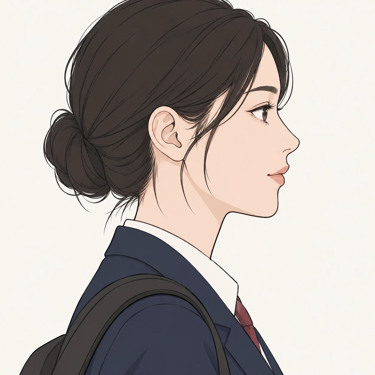 無地を背にした横向きの学生服とリュックの女性のイラスト（シンプル線画）