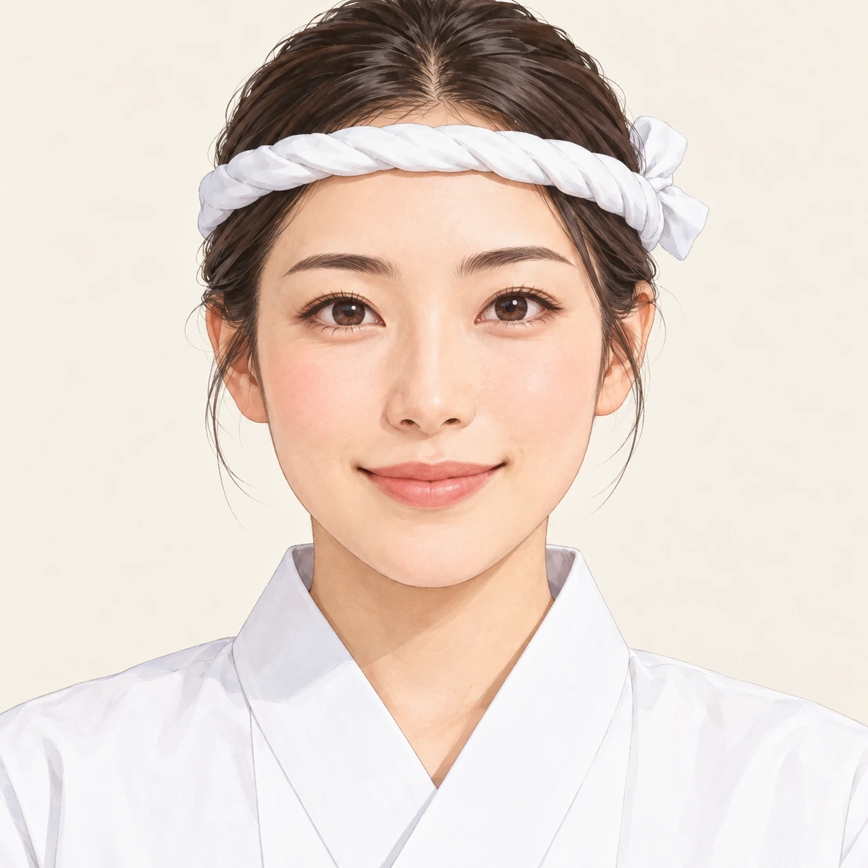 Illustration of one woman in a white sushi chef's jacket with a twisted white cloth tied around her head as a headband and her hair tied back, her head and shoulders seen straight from the front with both eyes looking at the viewer and a calm closed-mouth smile, closely cropped so the head and shoulders fill most of the picture, hands not visible, a plain pale background behind her, the lower edge left as empty background with nothing written on it (soft pastel)