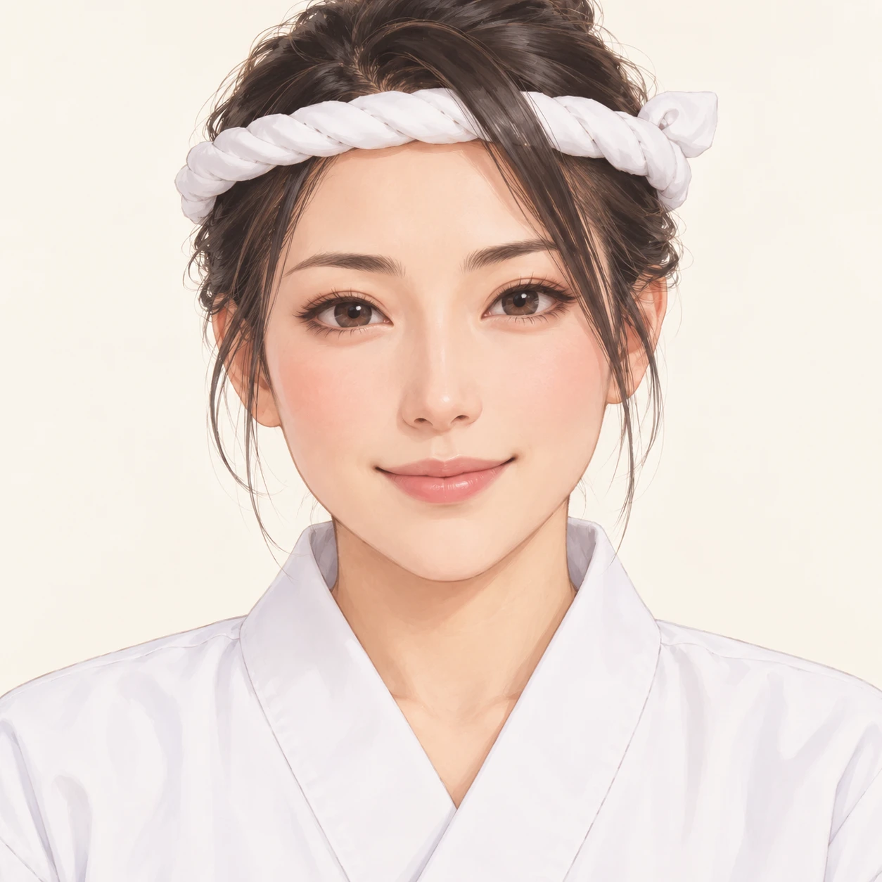 Illustration of one woman in a white sushi chef's jacket with a twisted white cloth tied around her head as a headband and her hair tied back, her head and shoulders seen straight from the front with both eyes looking at the viewer and a calm closed-mouth smile, closely cropped so the head and shoulders fill most of the picture, hands not visible, a plain pale background behind her, the lower edge left as empty background with nothing written on it (soft pastel)