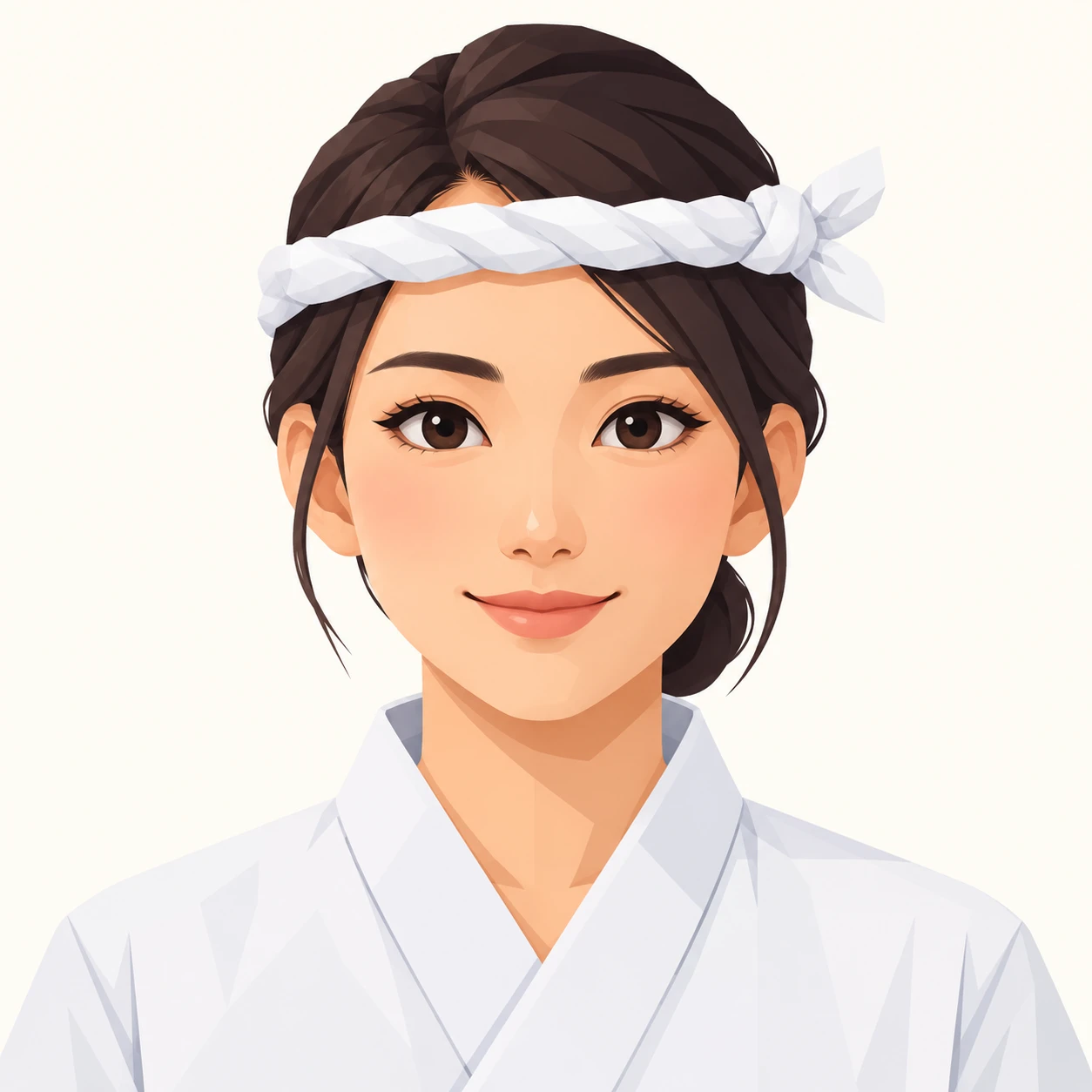 Illustration of one woman in a white sushi chef's jacket with a twisted white cloth tied around her head as a headband and her hair tied back, her head and shoulders seen straight from the front with both eyes looking at the viewer and a calm closed-mouth smile, closely cropped so the head and shoulders fill most of the picture, hands not visible, a plain pale background behind her, the lower edge left as empty background with nothing written on it (isometric)