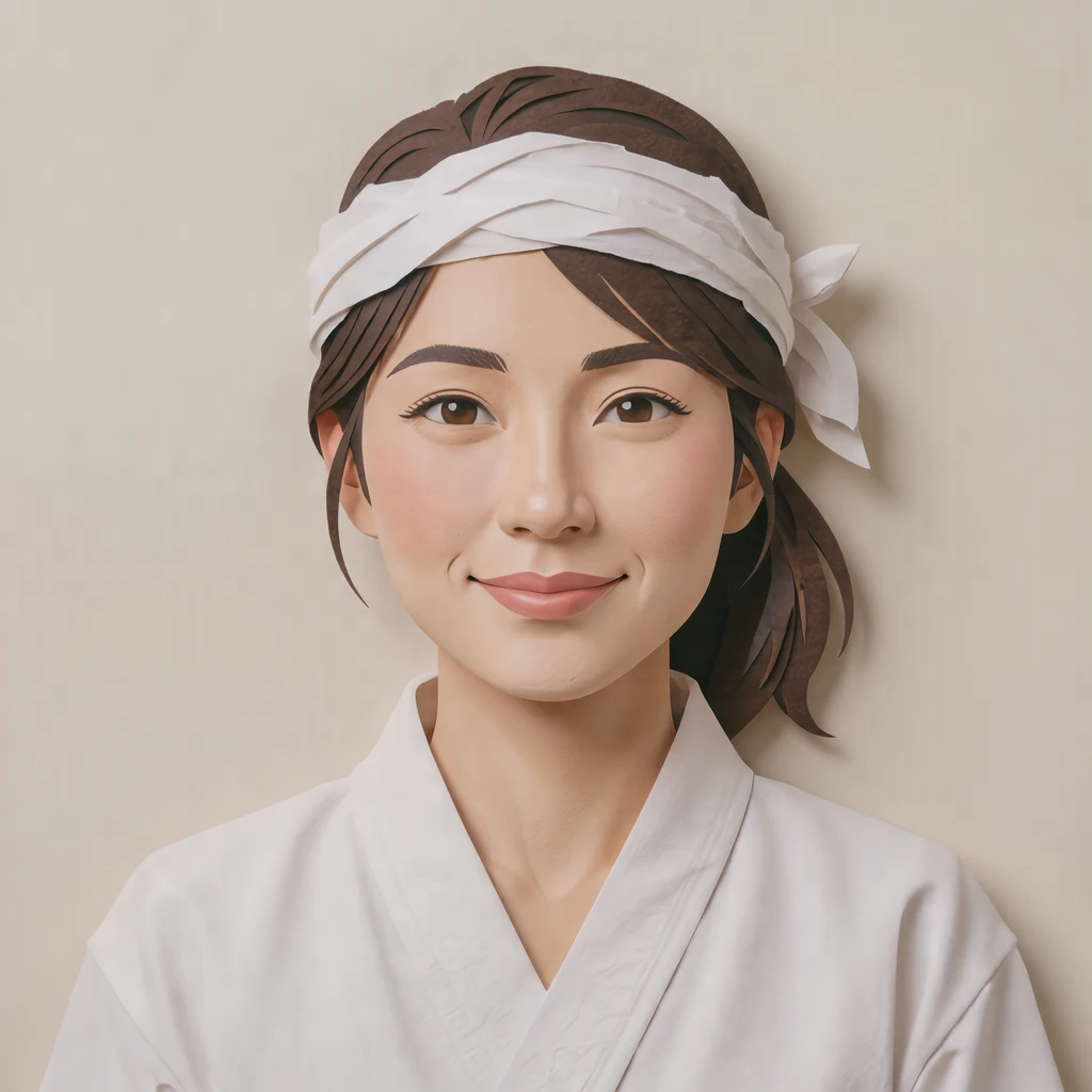 꼬아 묶은 머리띠를 두른 초밥 장인풍 여성의 프로필 아이콘 (종이 오리기 풍)