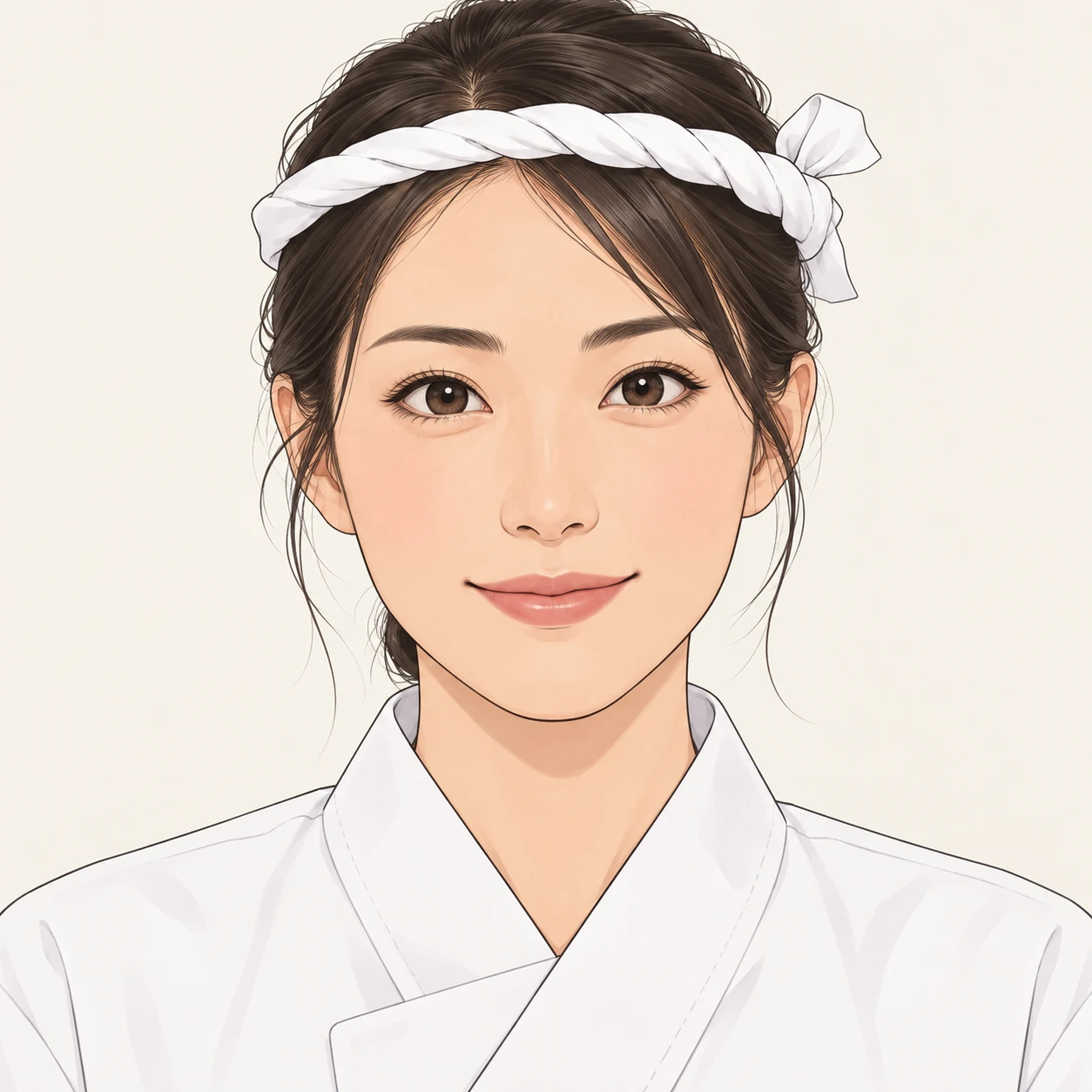 꼬아 묶은 머리띠를 두른 초밥 장인풍 여성의 프로필 아이콘 (심플 라인아트)