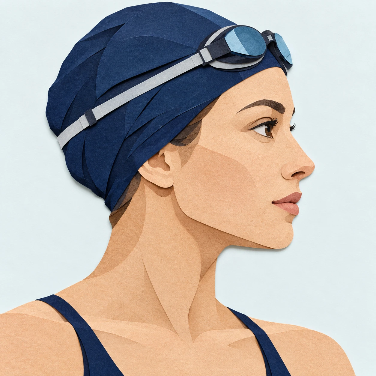Illustration of one woman in a plain navy swim cap with swimming goggles resting on top of the cap and a sporty swimsuit strap at each shoulder, her head and shoulders seen in full profile from the side with her gaze level ahead and a calm closed-mouth expression, closely cropped so the head and shoulders fill most of the picture, hands not visible, a plain pale background behind her, the lower edge left as empty background with nothing written on it (paper cut-out)