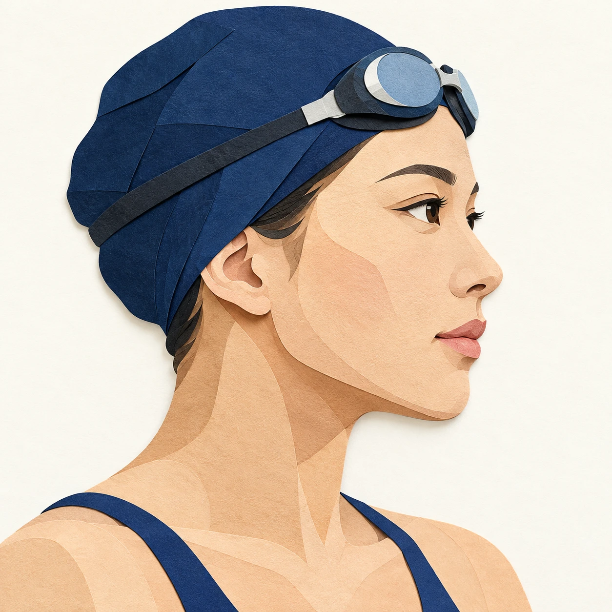 Illustration of one woman in a plain navy swim cap with swimming goggles resting on top of the cap and a sporty swimsuit strap at each shoulder, her head and shoulders seen in full profile from the side with her gaze level ahead and a calm closed-mouth expression, closely cropped so the head and shoulders fill most of the picture, hands not visible, a plain pale background behind her, the lower edge left as empty background with nothing written on it (paper cut-out)