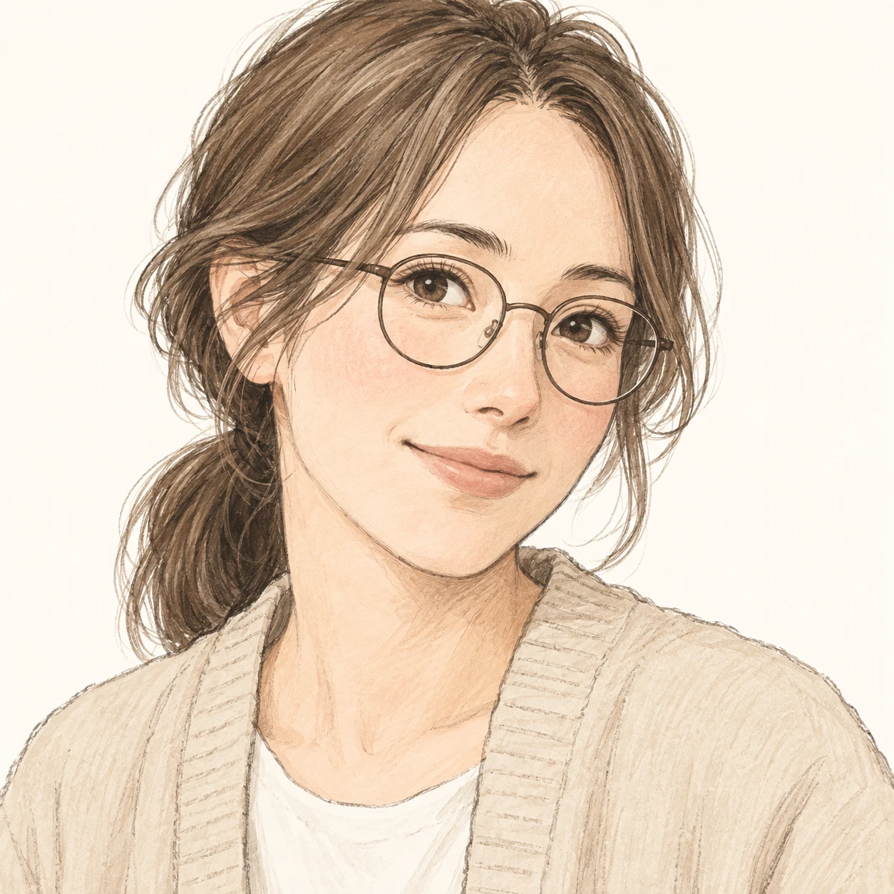 無地を背にした斜め向きのカーディガンと眼鏡の女性のイラスト（手描き風）