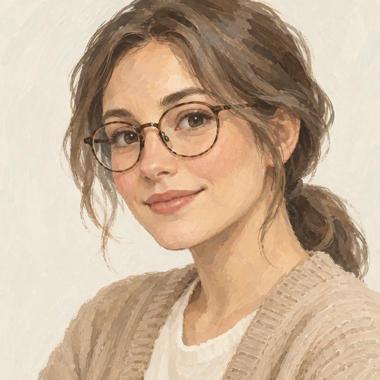 無地を背にした斜め向きのカーディガンと眼鏡の女性のイラスト（グアッシュ）