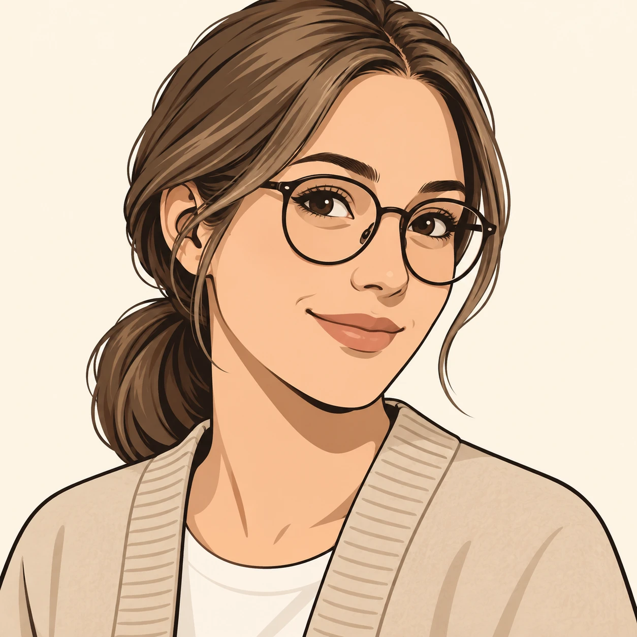 Illustration of one woman in a soft beige cardigan with round glasses and an ash brown low ponytail, her head and shoulders seen at a three-quarter angle with her face turned slightly to one side, both eyes visible and looking at the viewer with a calm closed-mouth smile, closely cropped so the head and shoulders fill most of the picture, hands not visible, a plain pale background behind her, the lower edge left as empty background with nothing written on it (bold graphic)