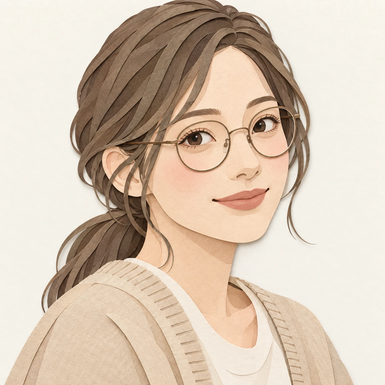 카디건에 안경을 쓴 여성의 프로필 아이콘 (종이 오리기 풍)