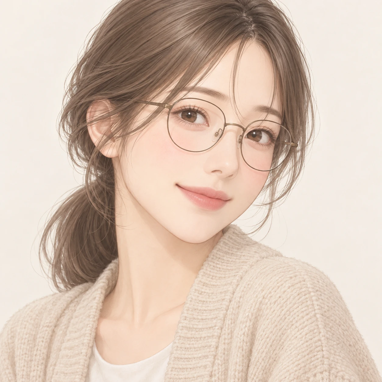 Illustration of one woman in a soft beige cardigan with round glasses and an ash brown low ponytail, her head and shoulders seen at a three-quarter angle with her face turned slightly to one side, both eyes visible and looking at the viewer with a calm closed-mouth smile, closely cropped so the head and shoulders fill most of the picture, hands not visible, a plain pale background behind her, the lower edge left as empty background with nothing written on it (soft pastel)
