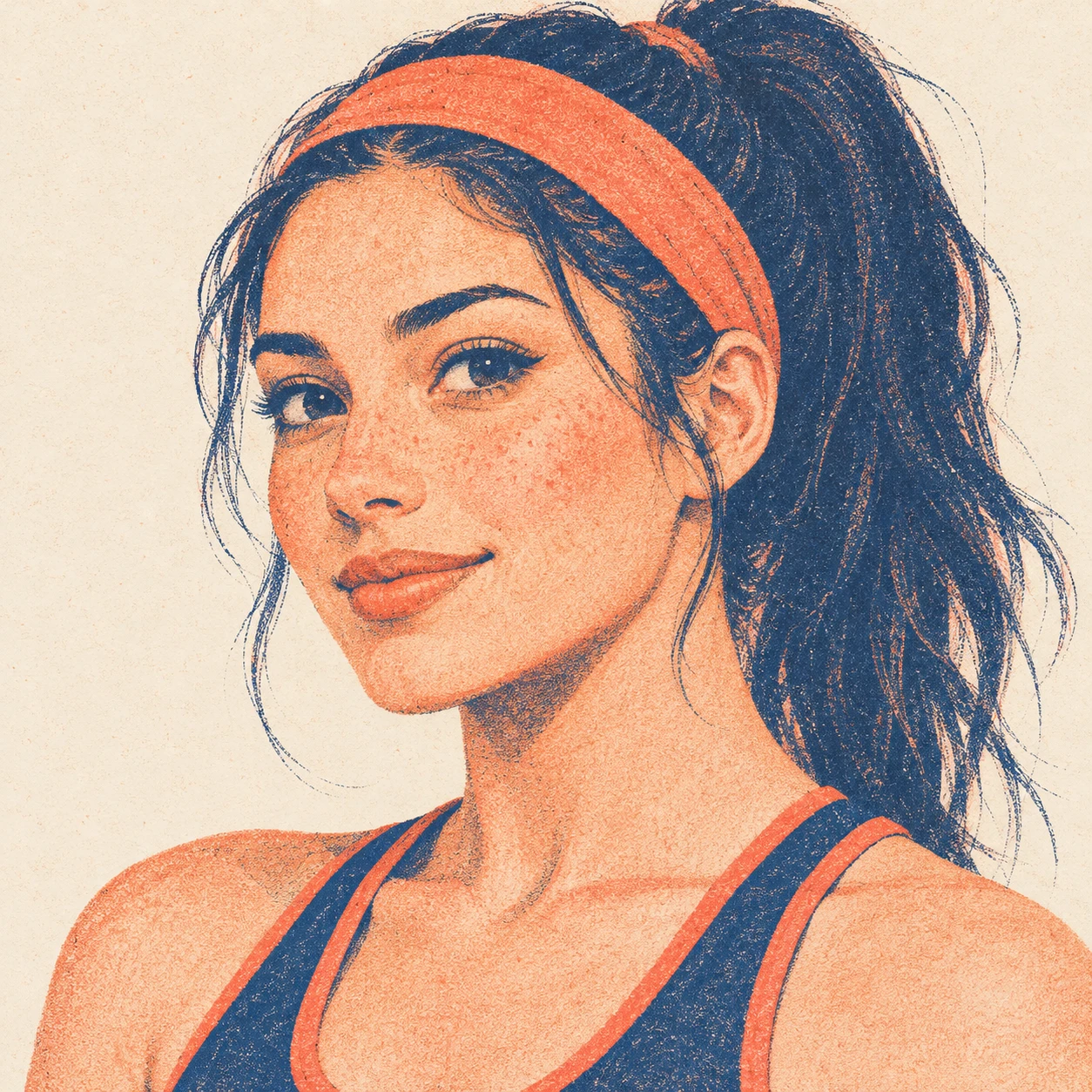 Illustration of one woman in a sports top with a headband and a high ponytail, her head and shoulders seen at a three-quarter angle with her face turned slightly to one side, both eyes visible and looking at the viewer with a calm closed-mouth smile, closely cropped so the head and shoulders fill most of the picture, hands not visible, a plain pale background behind her, the lower edge left as empty background with nothing written on it (retro print)