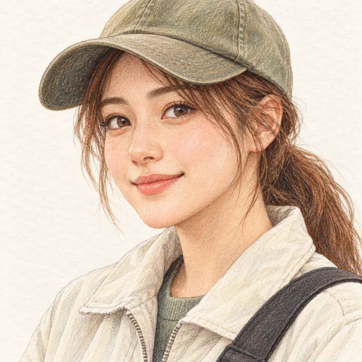 캡 모자에 숄더백을 멘 여성의 프로필 아이콘 (색연필)