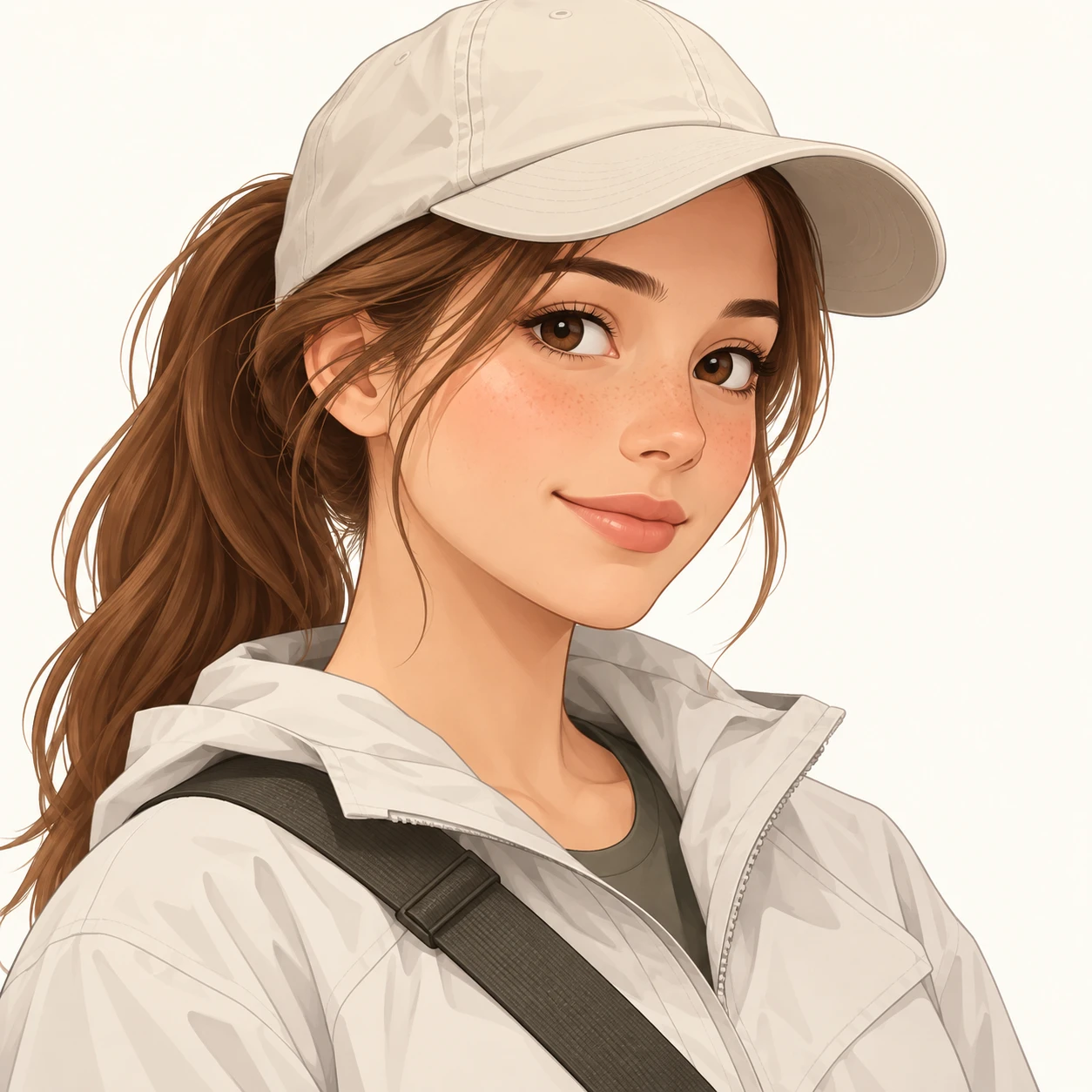 Illustration of one woman in a cap and a light jacket with a shoulder bag strap across her chest and a chestnut ponytail, her head and shoulders seen at a three-quarter angle with her face turned slightly to one side, both eyes visible and looking at the viewer with a calm closed-mouth smile, closely cropped so the head and shoulders fill most of the picture, hands not visible, a plain pale background behind her, the lower edge left as empty background with nothing written on it (isometric)