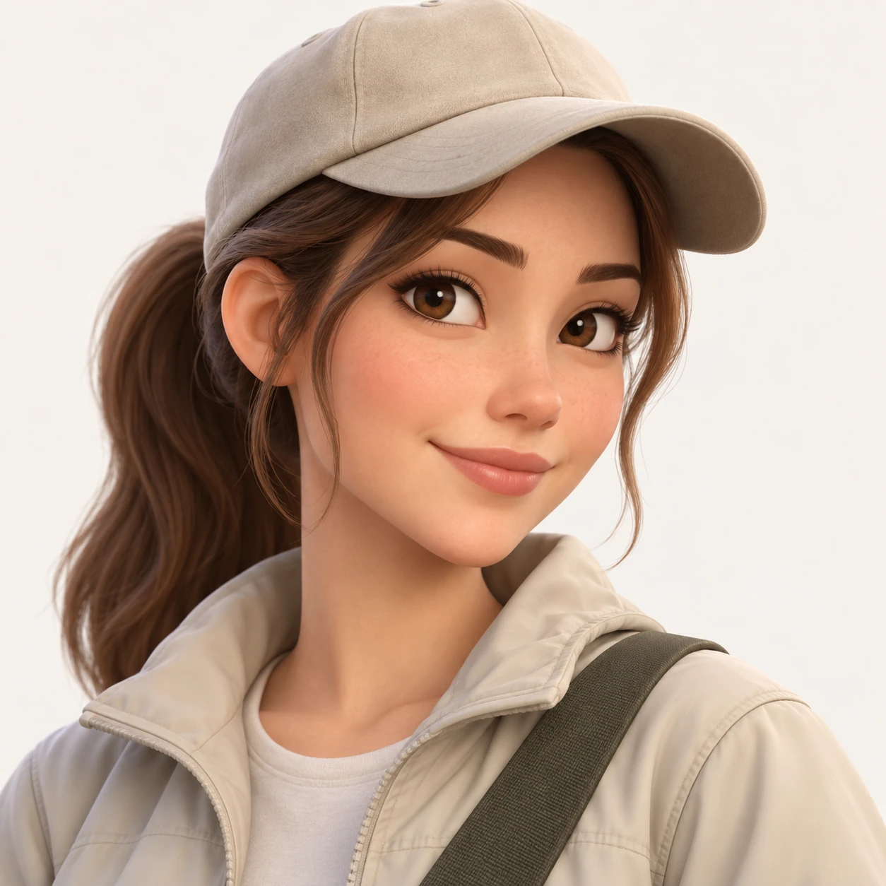 無地を背にした斜め向きのキャップとショルダーバッグの女性のイラスト（ソフト3D）