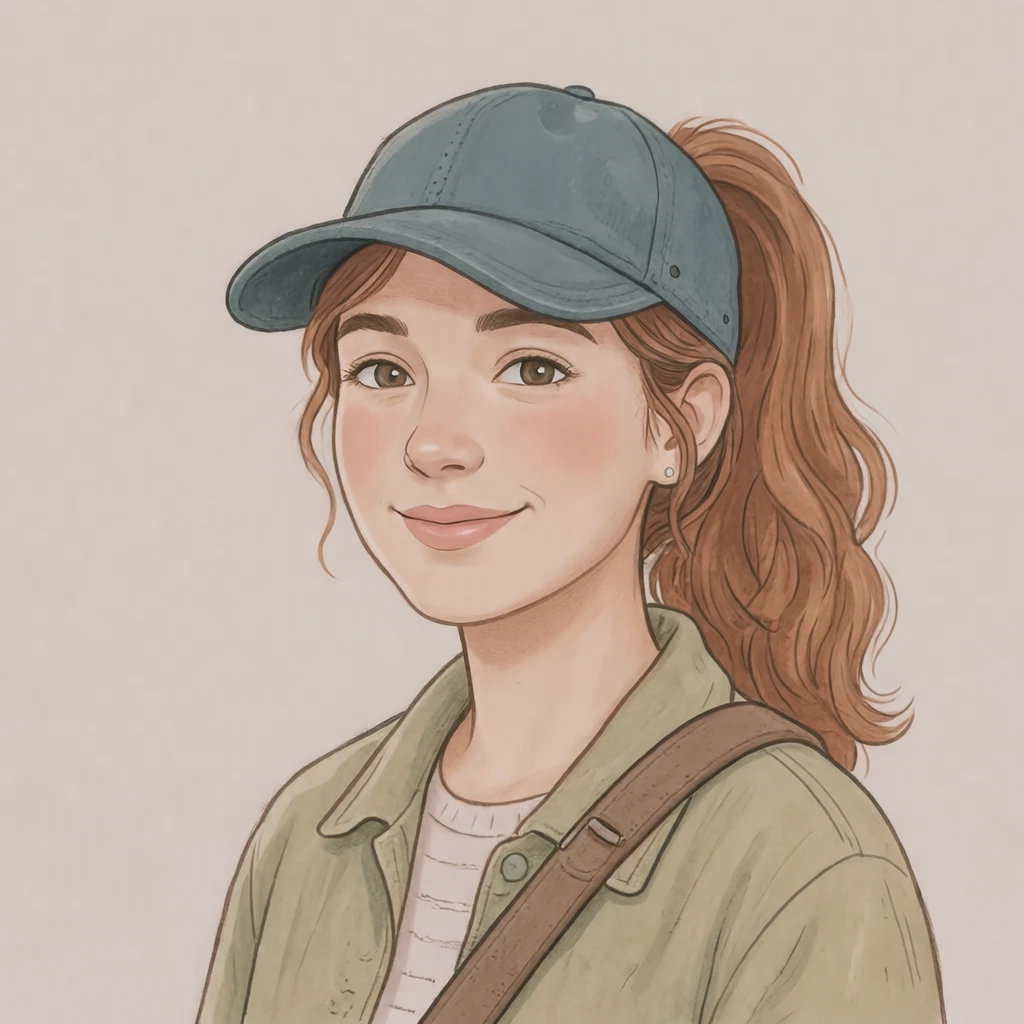 캡 모자에 숄더백을 멘 여성의 프로필 아이콘 (소프트 파스텔)