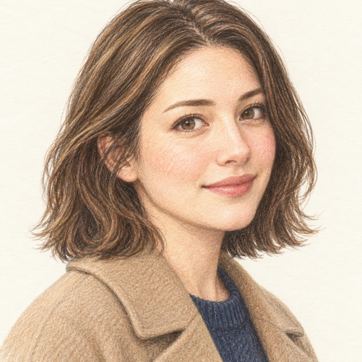Illustration of one woman in a plain outdoor coat carried over one arm with neat shoulder length hair, her head and shoulders seen at a three-quarter angle with her face turned slightly to one side, both eyes visible and looking at the viewer with a calm closed-mouth smile, closely cropped so the head and shoulders fill most of the picture, hands not visible, a plain pale background behind her, the lower edge left as empty background with nothing written on it (colored pencil)