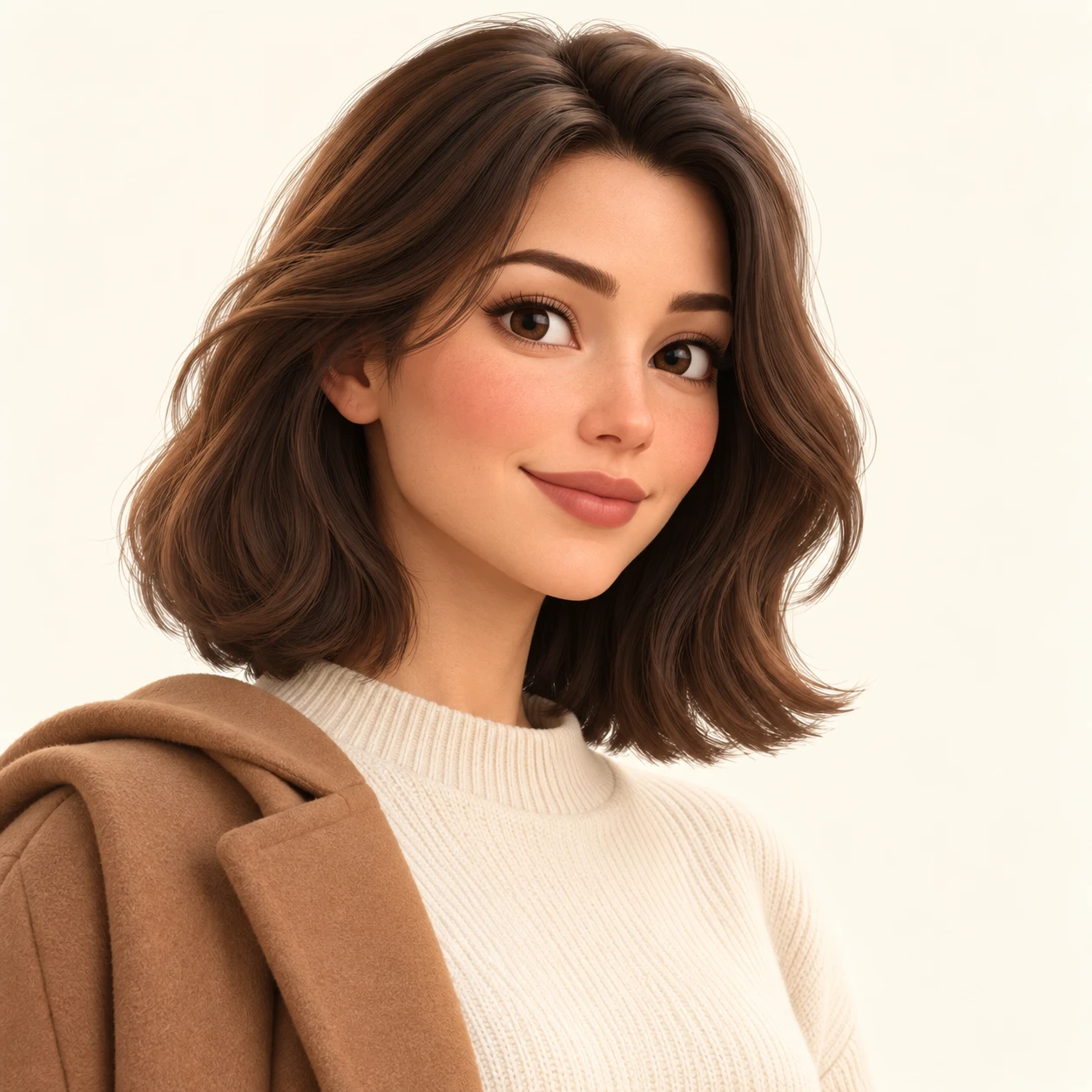 Illustration of one woman in a plain outdoor coat carried over one arm with neat shoulder length hair, her head and shoulders seen at a three-quarter angle with her face turned slightly to one side, both eyes visible and looking at the viewer with a calm closed-mouth smile, closely cropped so the head and shoulders fill most of the picture, hands not visible, a plain pale background behind her, the lower edge left as empty background with nothing written on it (soft 3D)