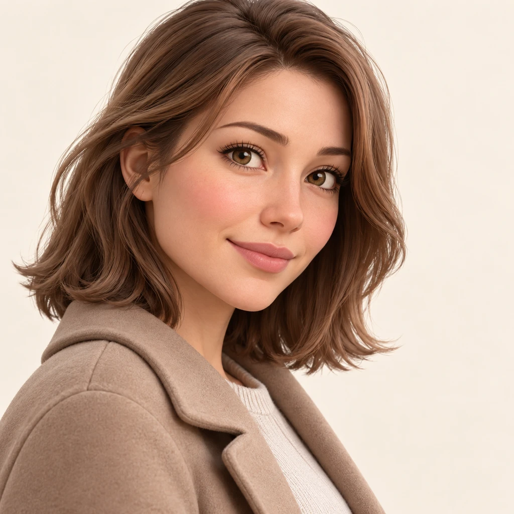 Illustration of one woman in a plain outdoor coat carried over one arm with neat shoulder length hair, her head and shoulders seen at a three-quarter angle with her face turned slightly to one side, both eyes visible and looking at the viewer with a calm closed-mouth smile, closely cropped so the head and shoulders fill most of the picture, hands not visible, a plain pale background behind her, the lower edge left as empty background with nothing written on it (soft 3D)