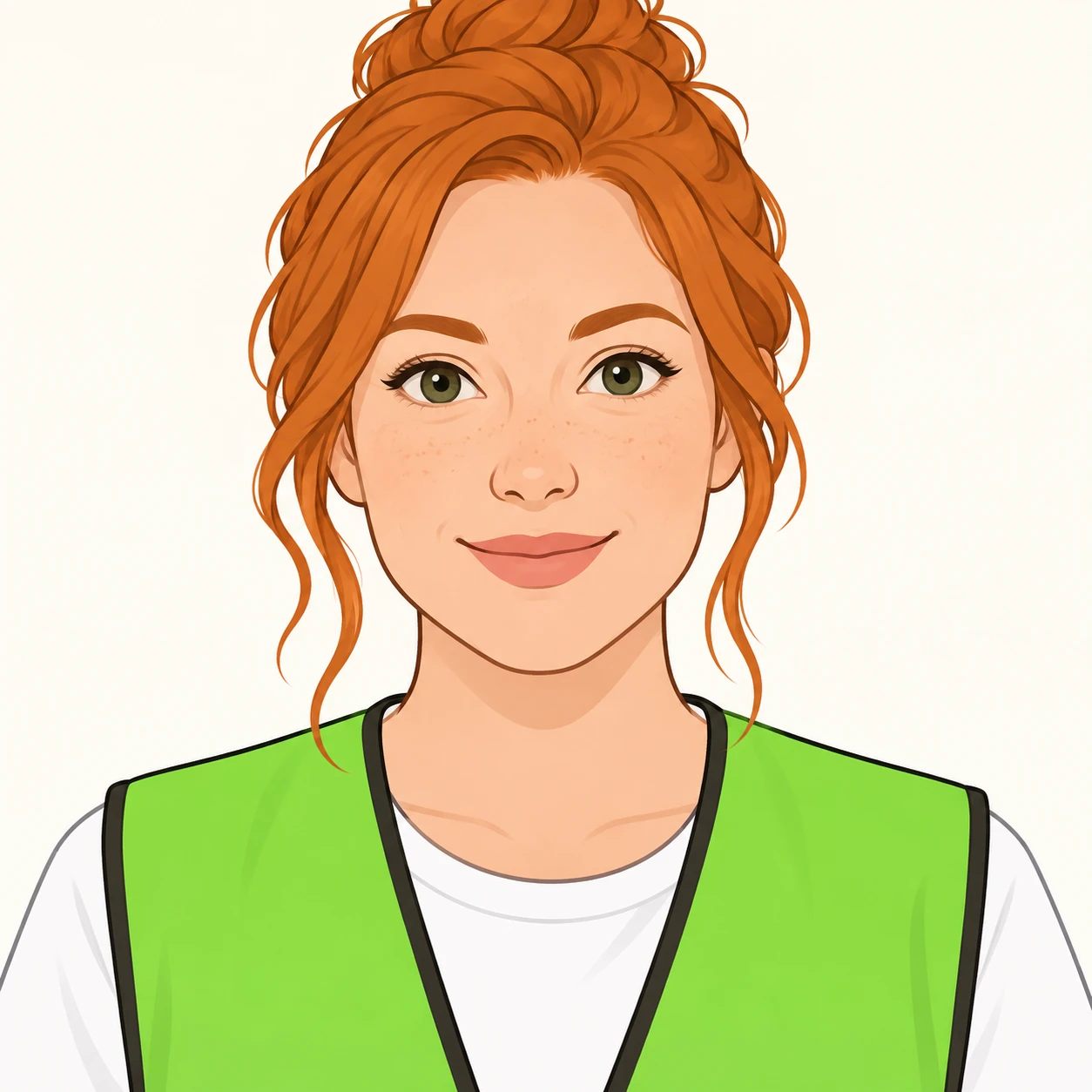 無地を背にした正面向きのボランティアのベストの女性のイラスト（シンプル線画）